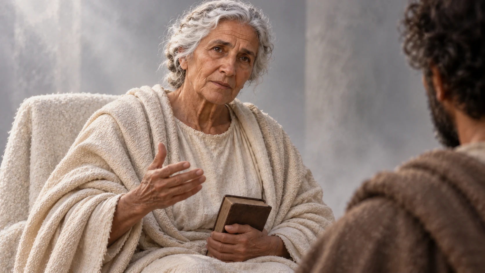 The elderly woman gives sober counsel while holding her closed book.