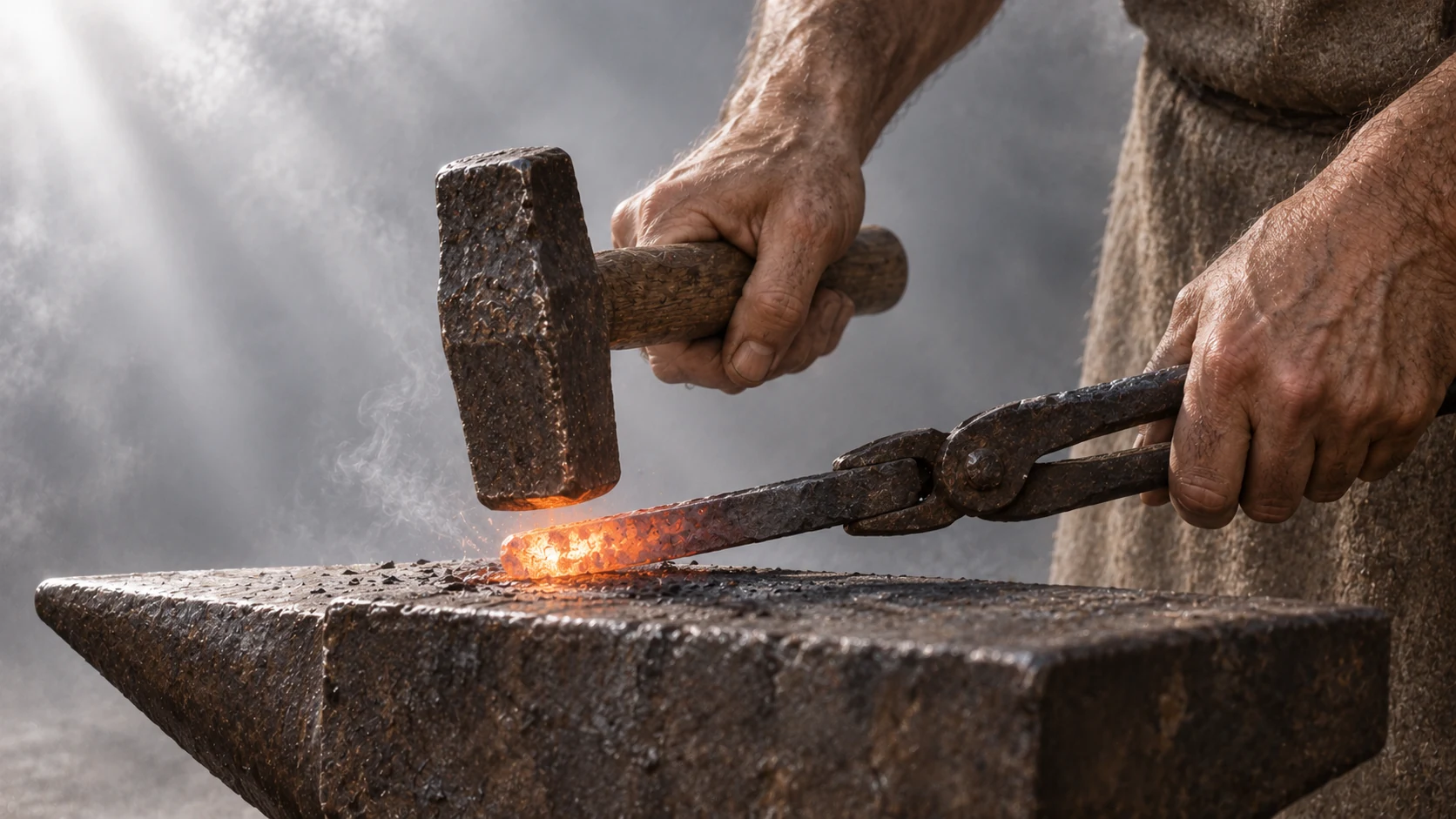 Hands work hot iron with a hammer and tongs.