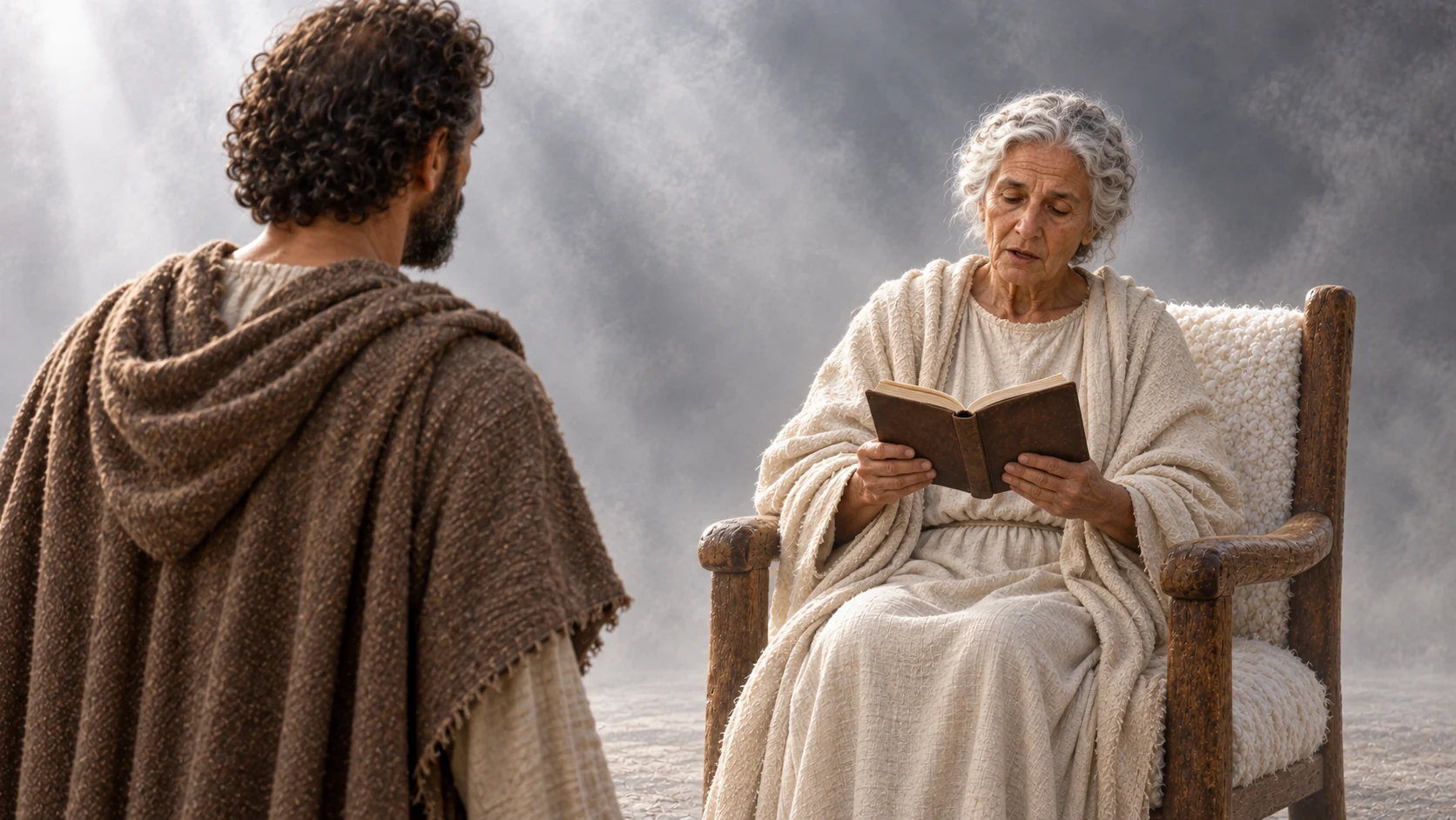 The elderly woman reads from her open book to Hermas.
