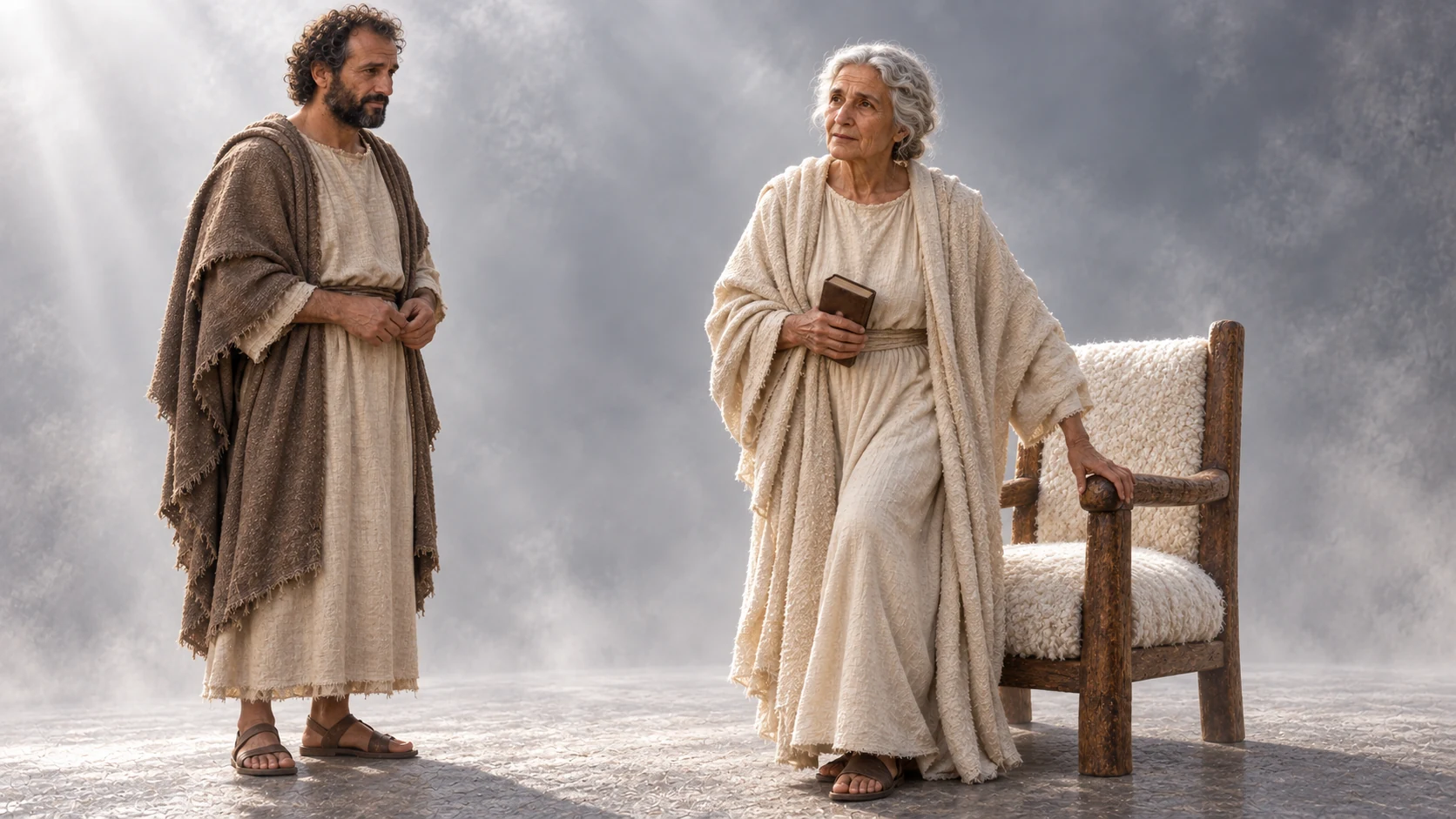 The elderly woman rises from her wool-covered chair beside Hermas.