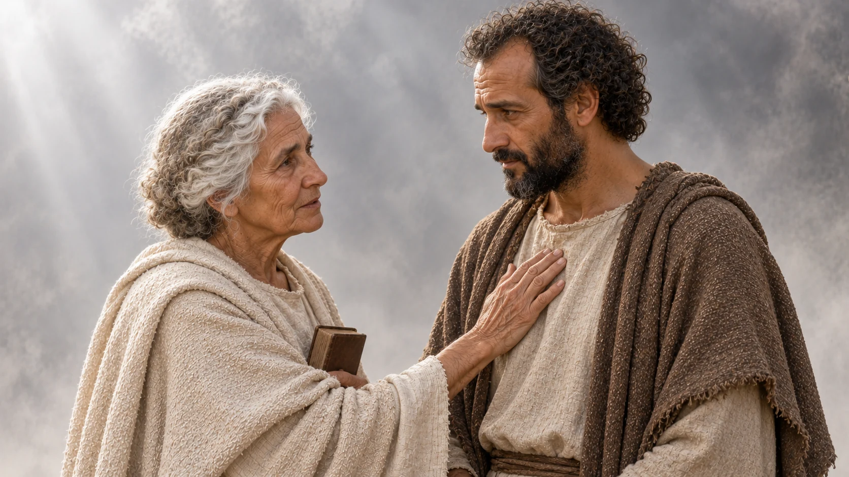 The elderly woman touches Hermas’s chest while speaking.