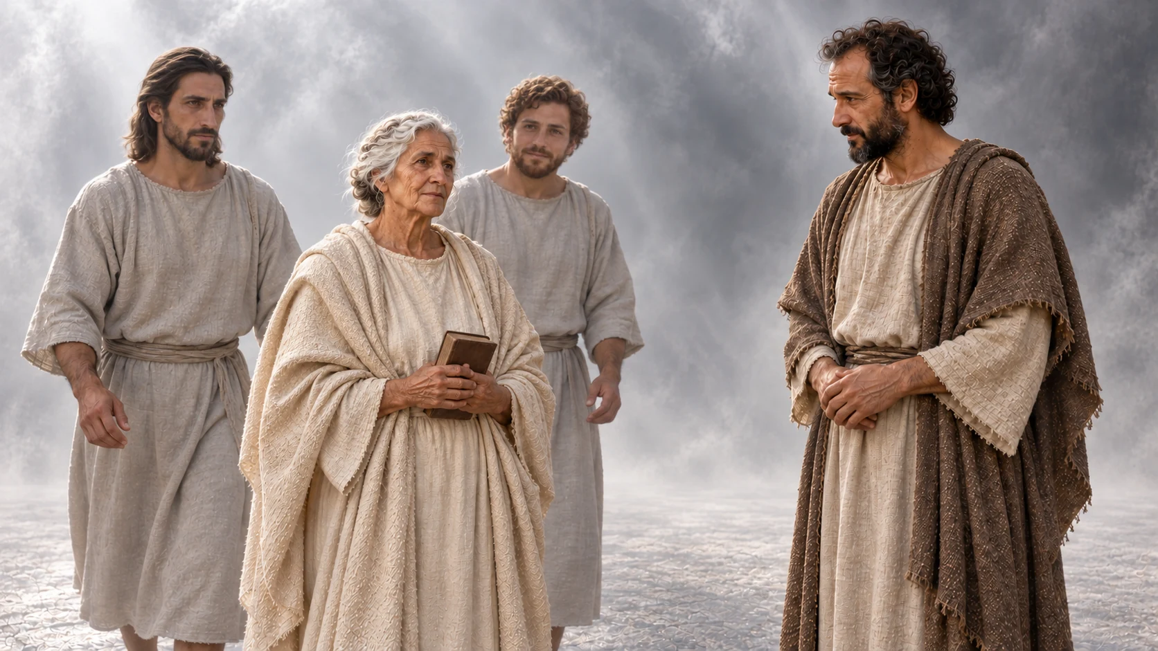 Two distinct male escorts approach the elderly woman and Hermas.