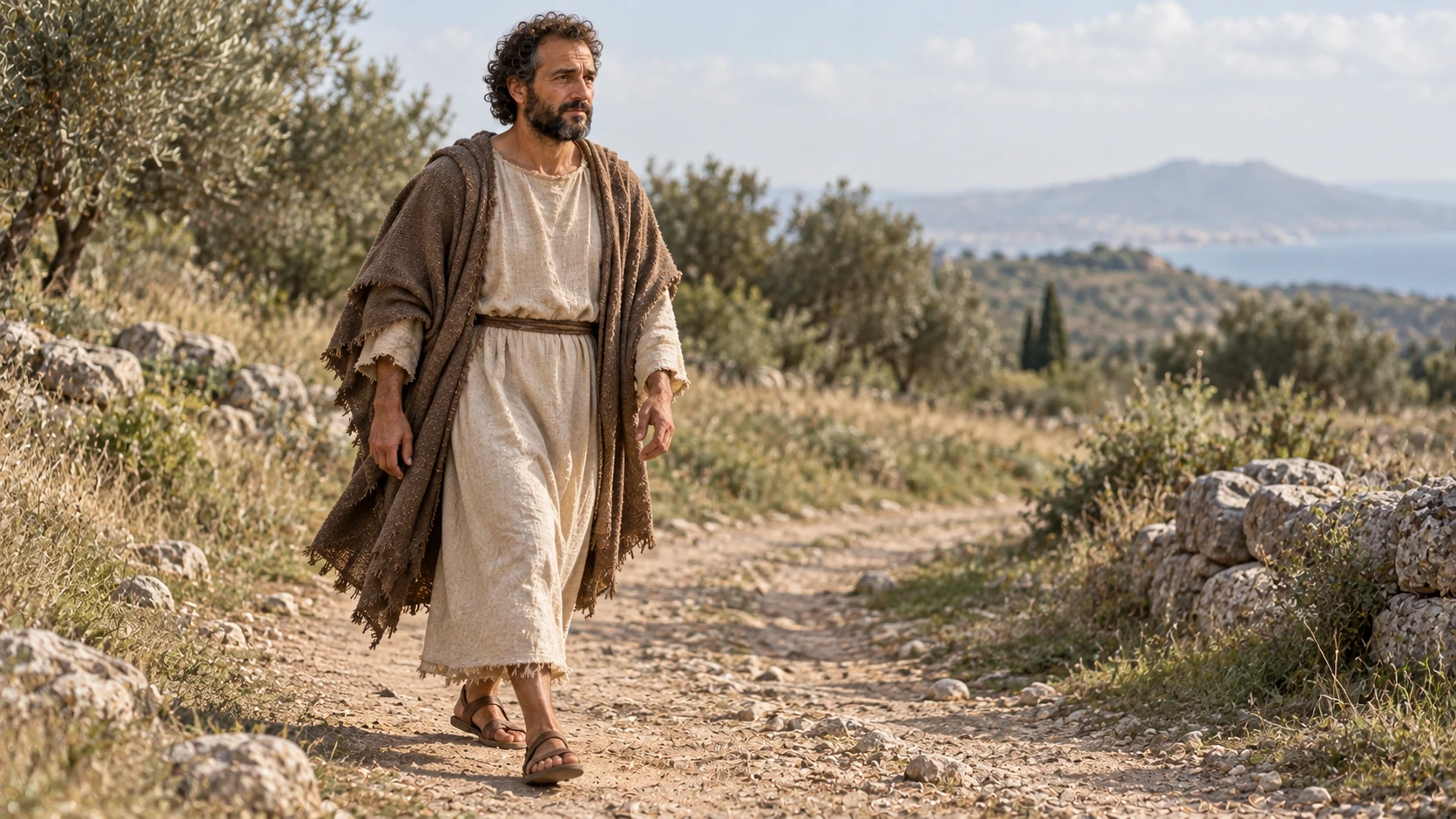 Hermas walks thoughtfully along an earth path.