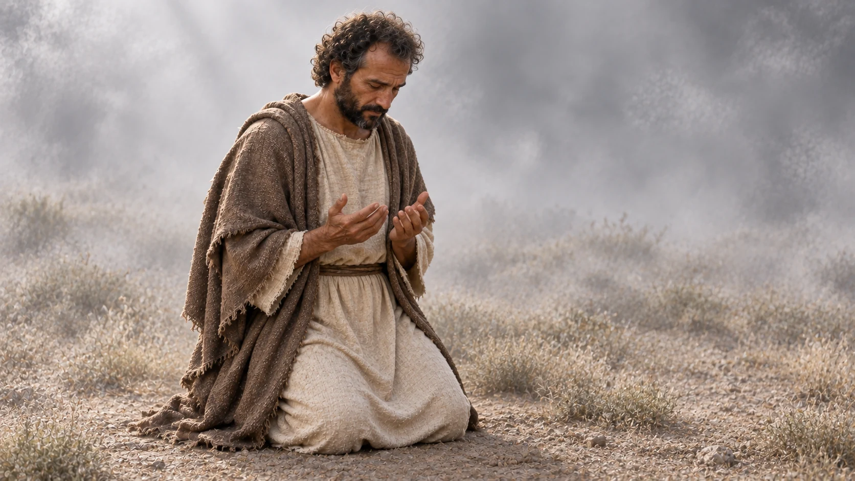 Hermas kneels with bowed head and open hands.