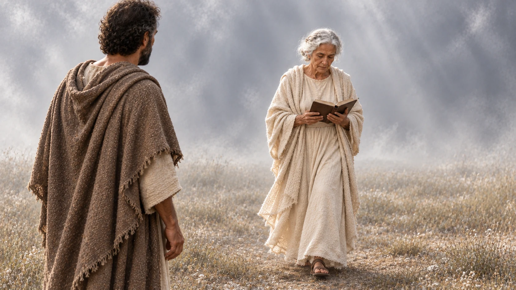 The elderly woman walks while reading her little book before Hermas.