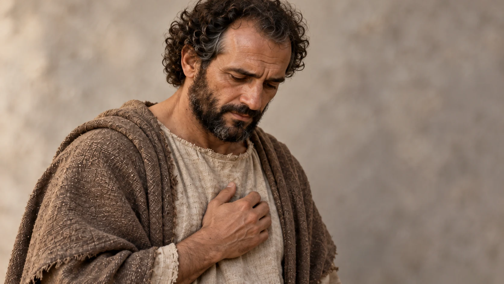 Hermas bows his head in focused prayer.