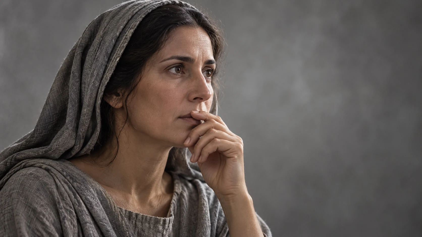 An anonymous woman listens with closed lips and a hand near her mouth.