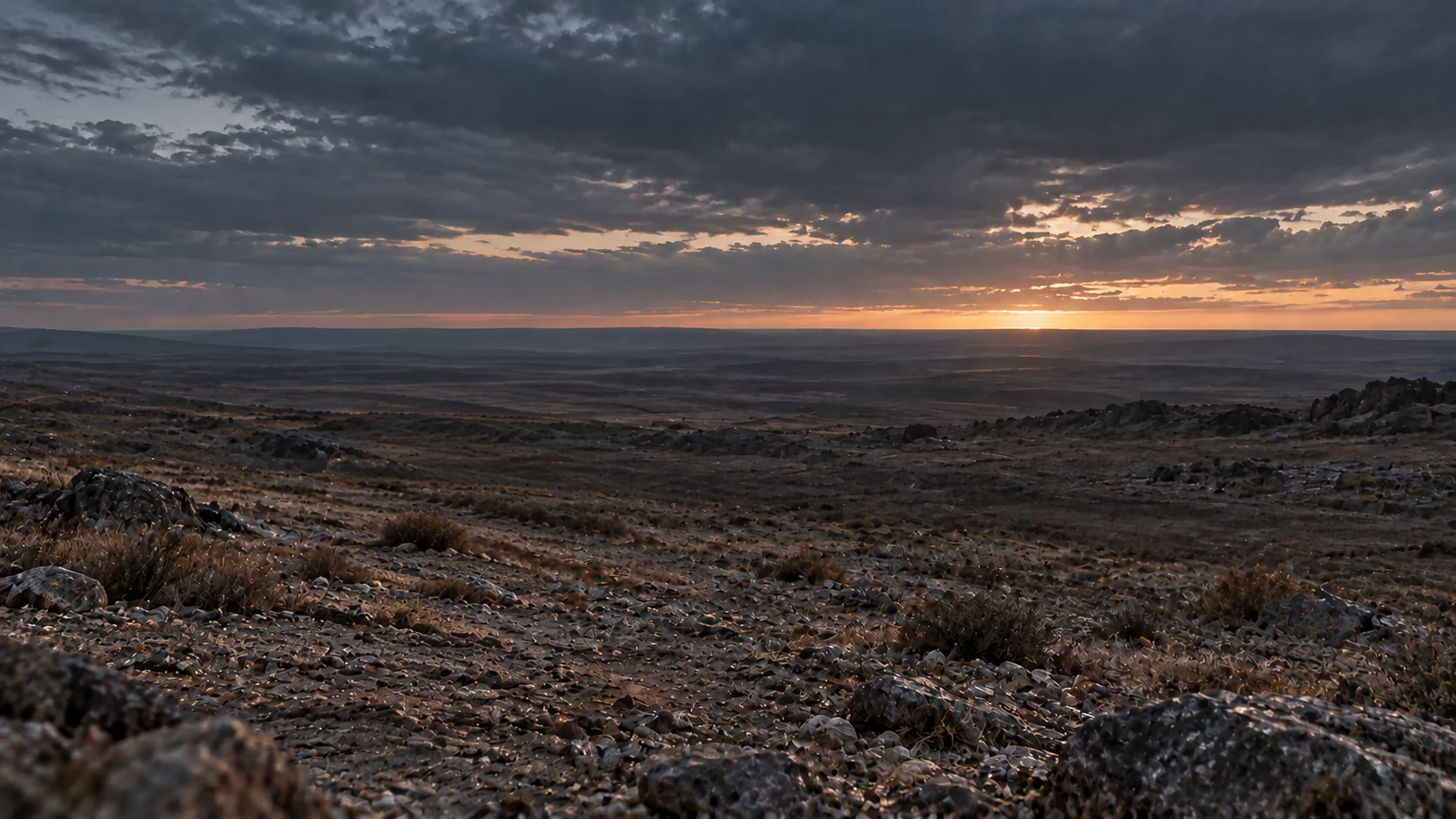 An empty landscape lies beneath the last band of daylight.
