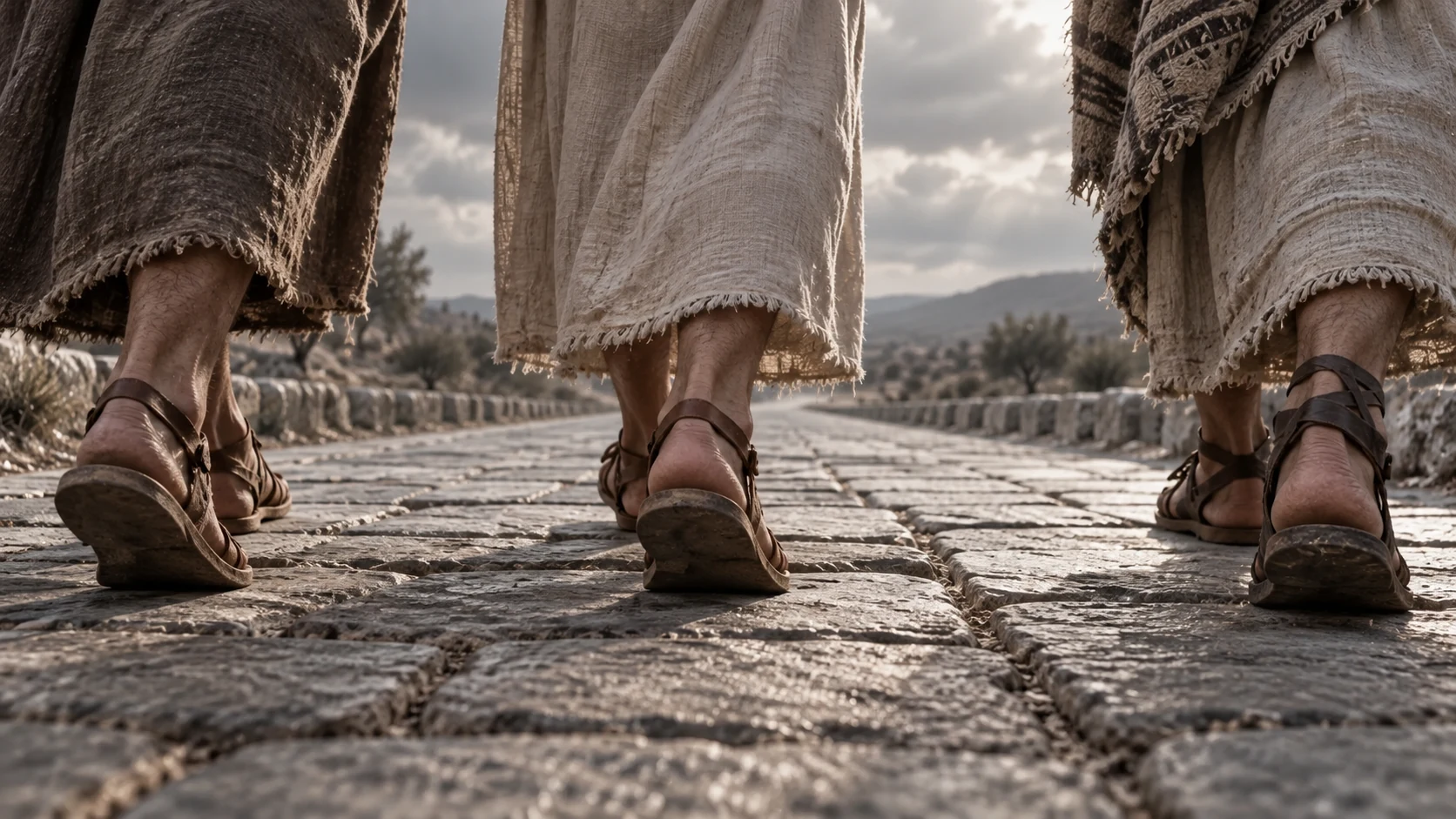 Anonymous sandaled feet walk along straight paving.