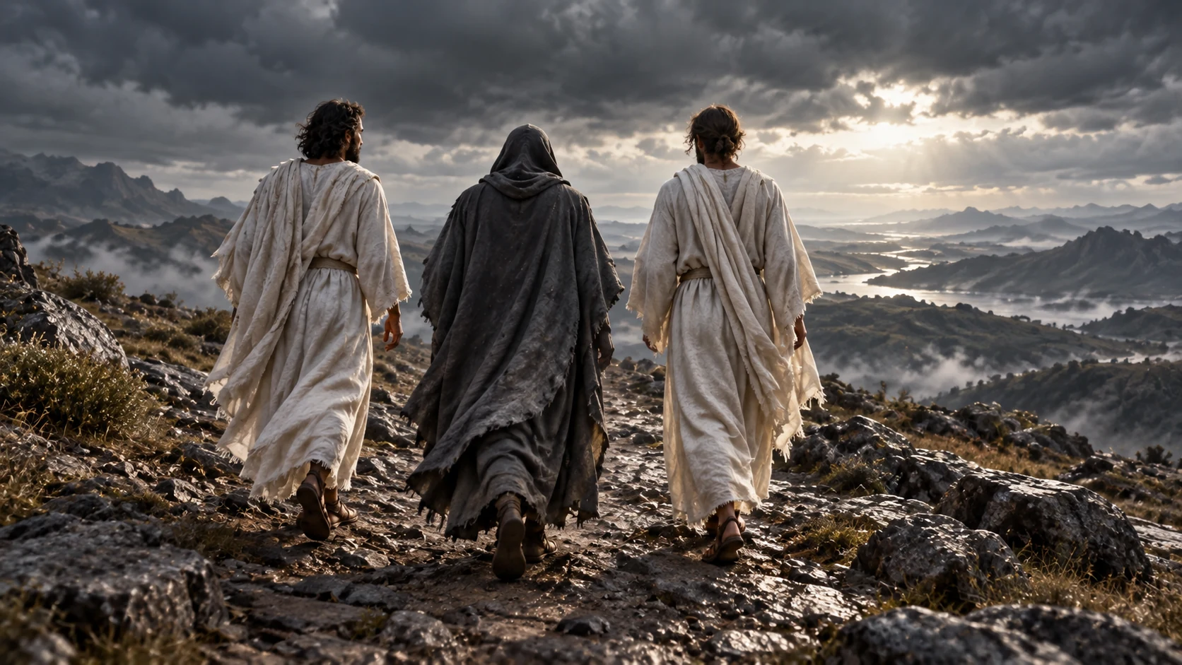 An anonymous hooded traveler walks with two pale-clothed companions beneath distant storm clouds.