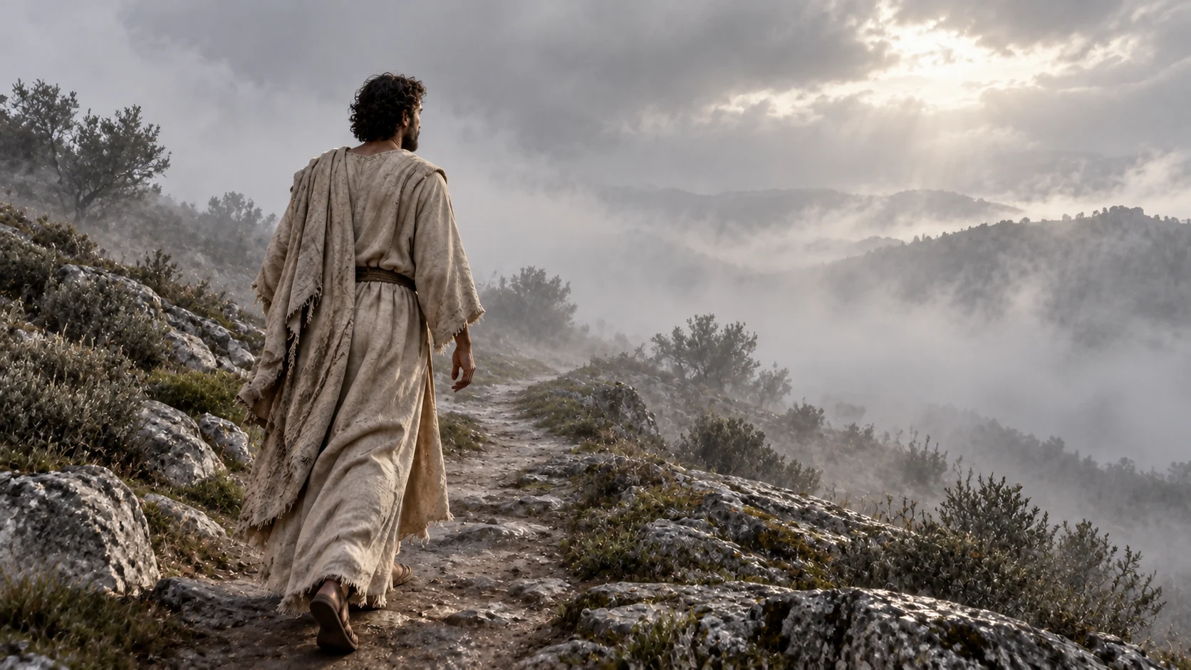 An anonymous traveler follows an uncomplicated path through silver mist.