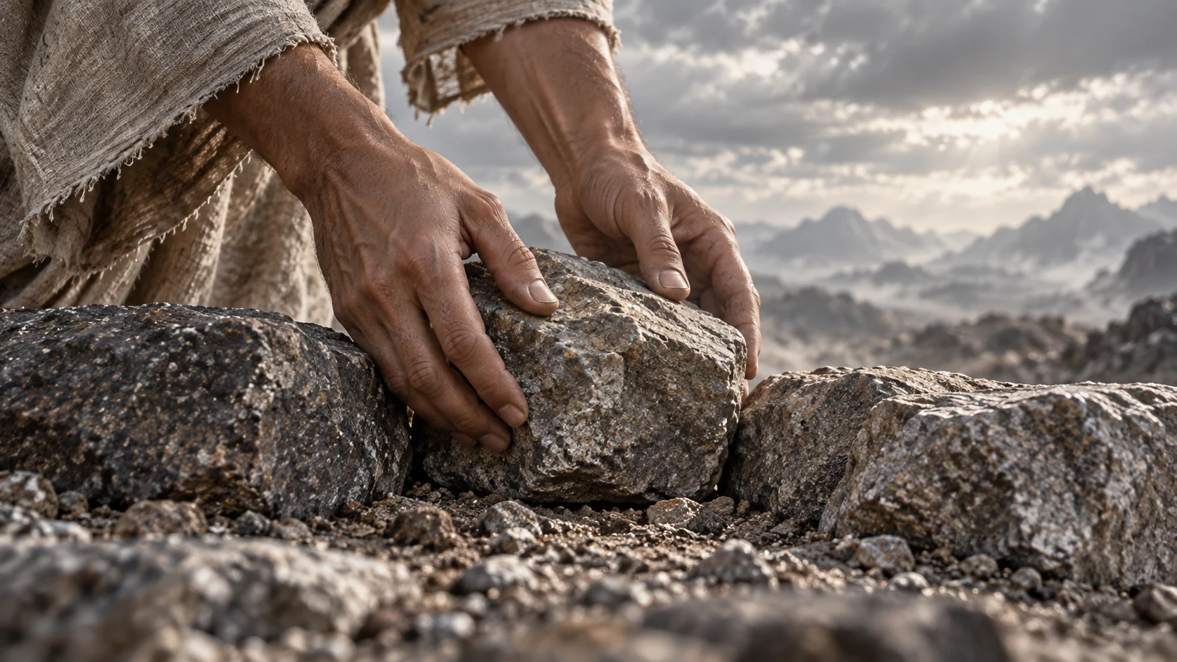 Two anonymous hands set a rough stone securely beside other stones.
