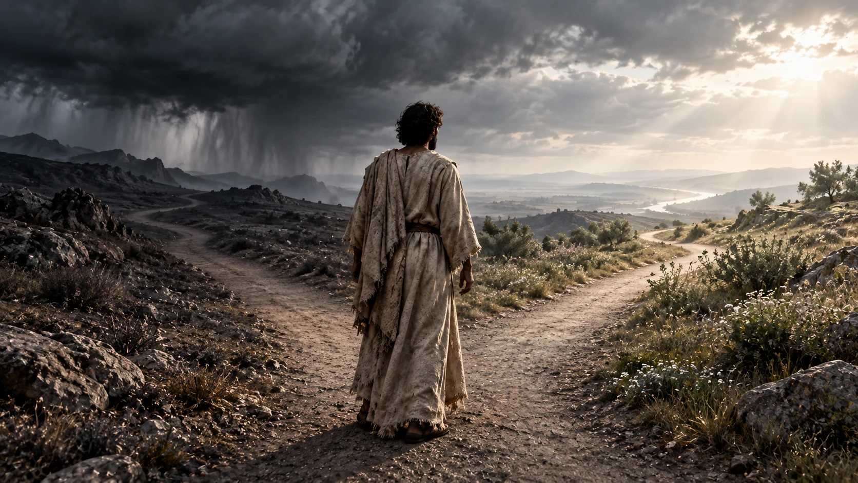 An anonymous figure stands before diverging paths toward storm and pale light.