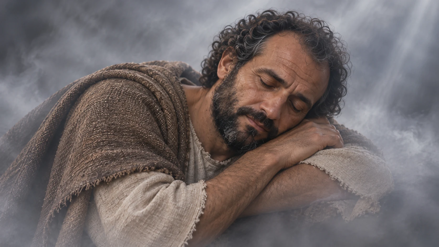 Hermas sleeps with his head on folded arms.