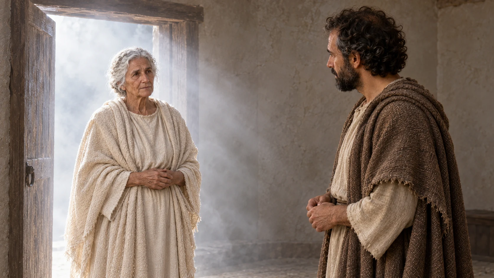 The elderly Church woman appears at a plain doorway facing Hermas.