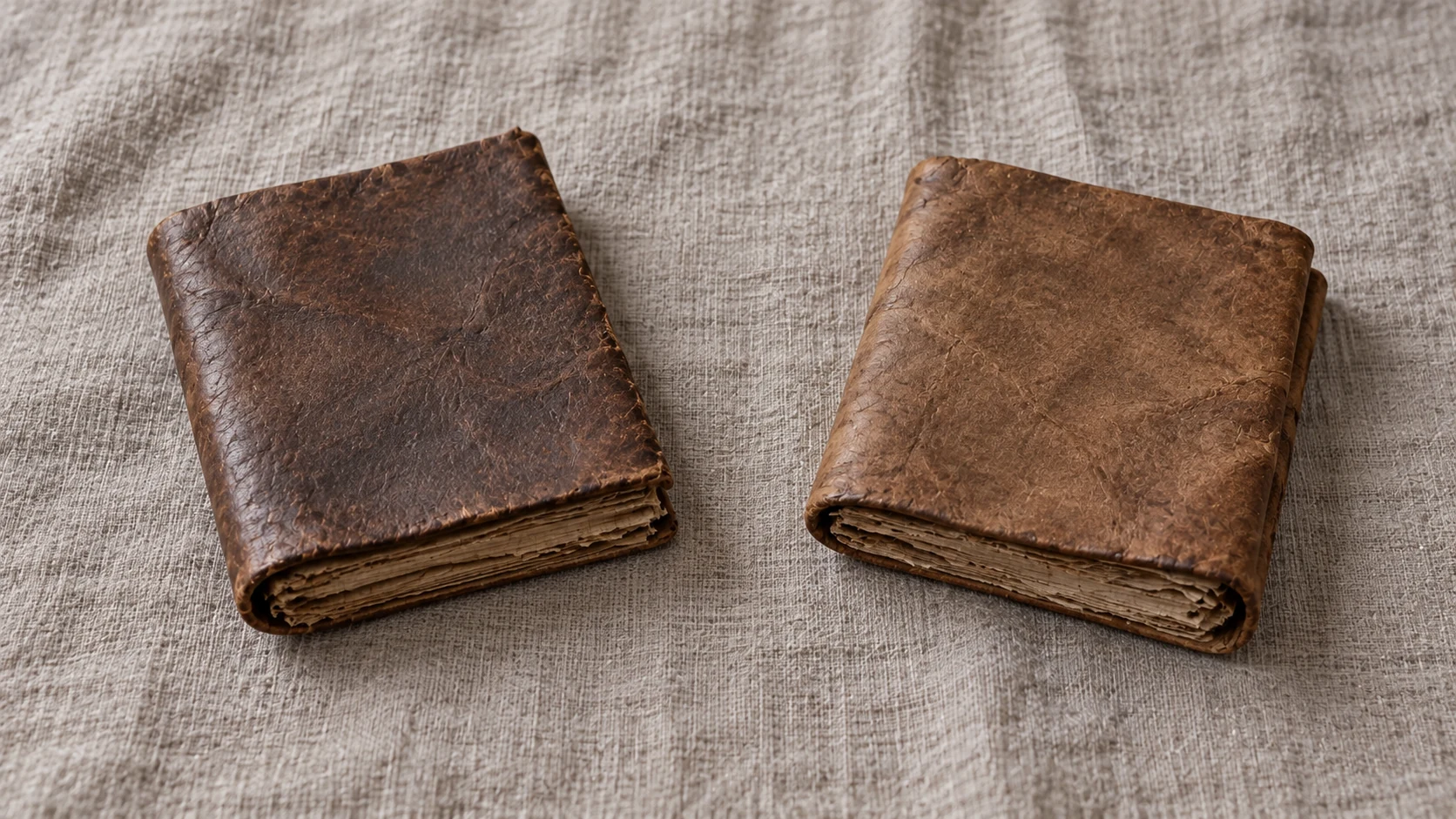 Two small closed ancient booklets lie separately on linen.