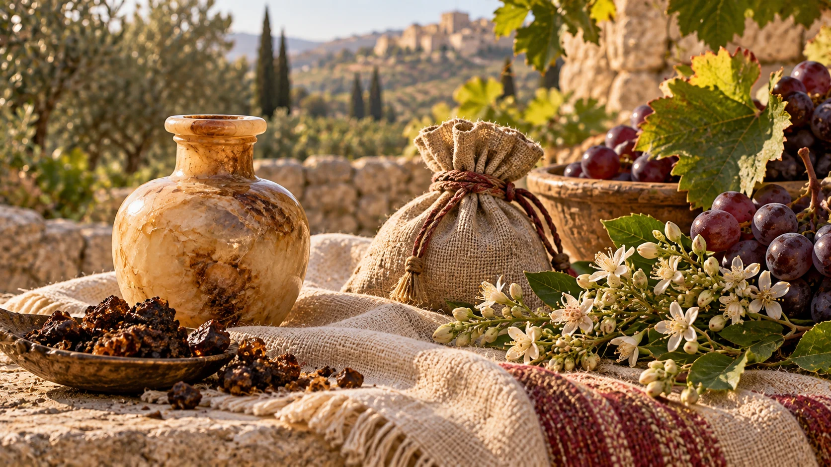 Close still life of fragrant nard, a closed myrrh sachet on folded linen, and henna blossoms beside vineyard fruit.