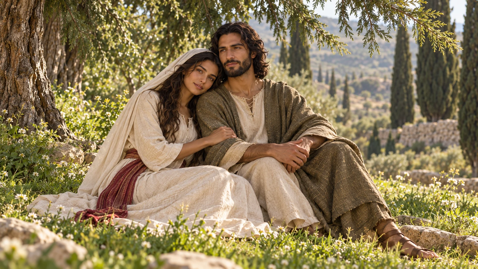 The fully clothed adult lovers sit beneath cedar and cypress branches above a green grassy resting place.