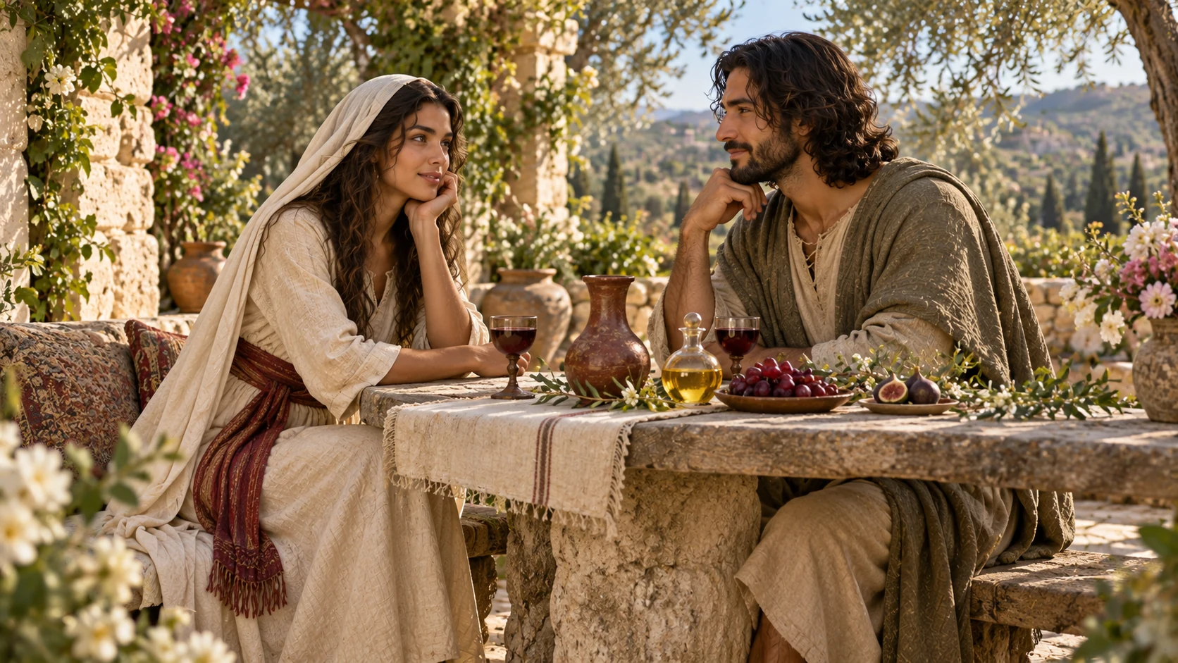 The adult woman gazes toward her beloved across a garden table with wine and a small vessel of poured fragrant oil.