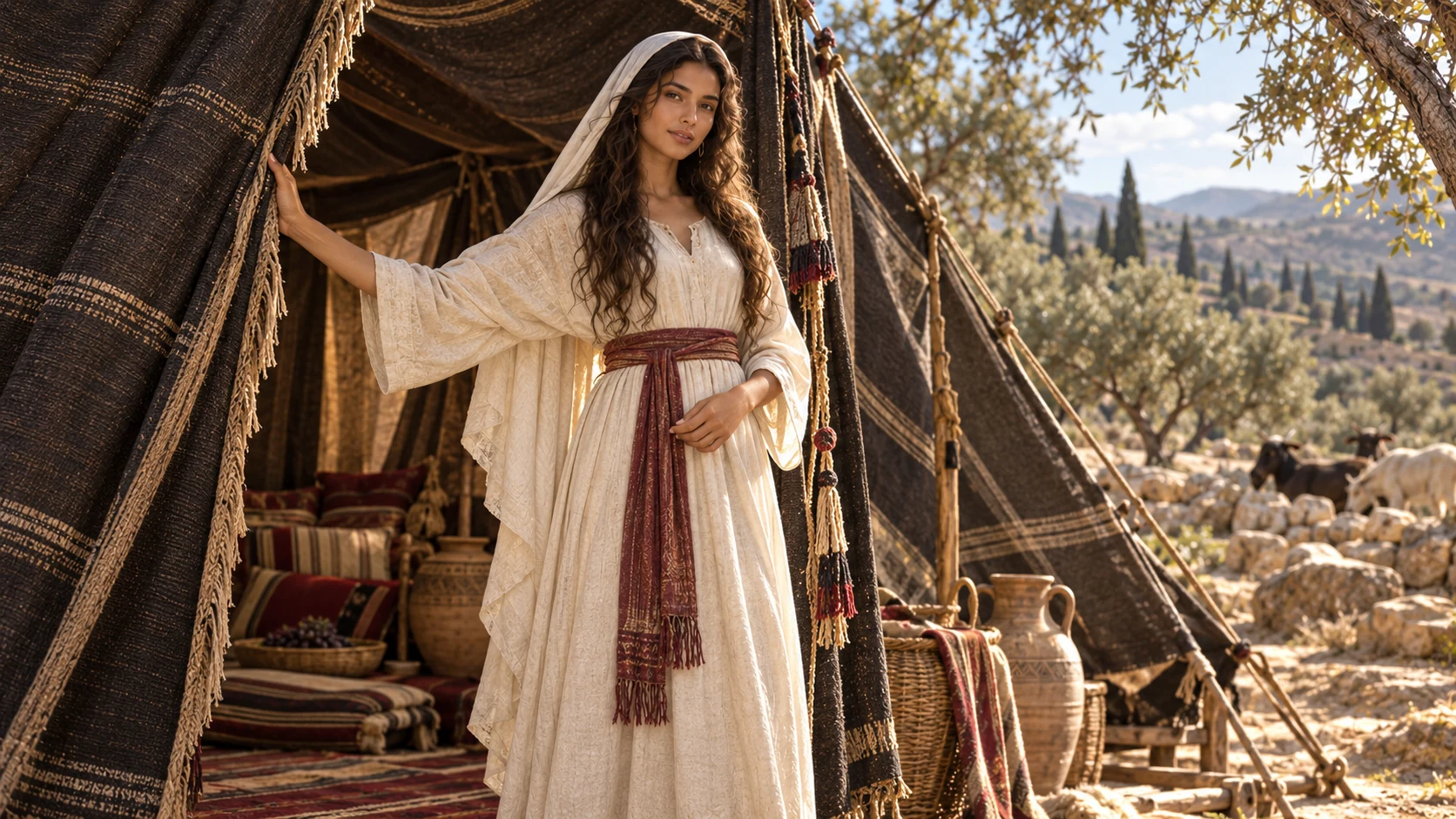 The sun-browned woman stands confidently beside dark woven tents and elegant curtains.
