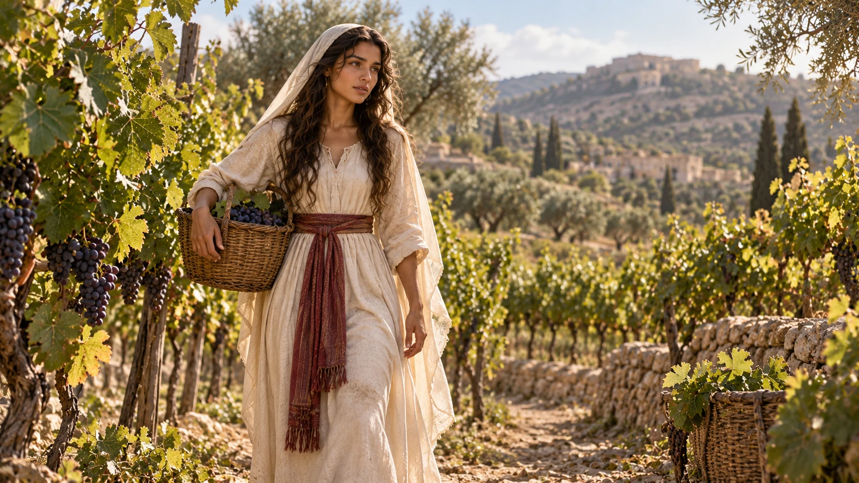 The woman alone among sunlit vineyard rows carries a work basket, thoughtful and weary.