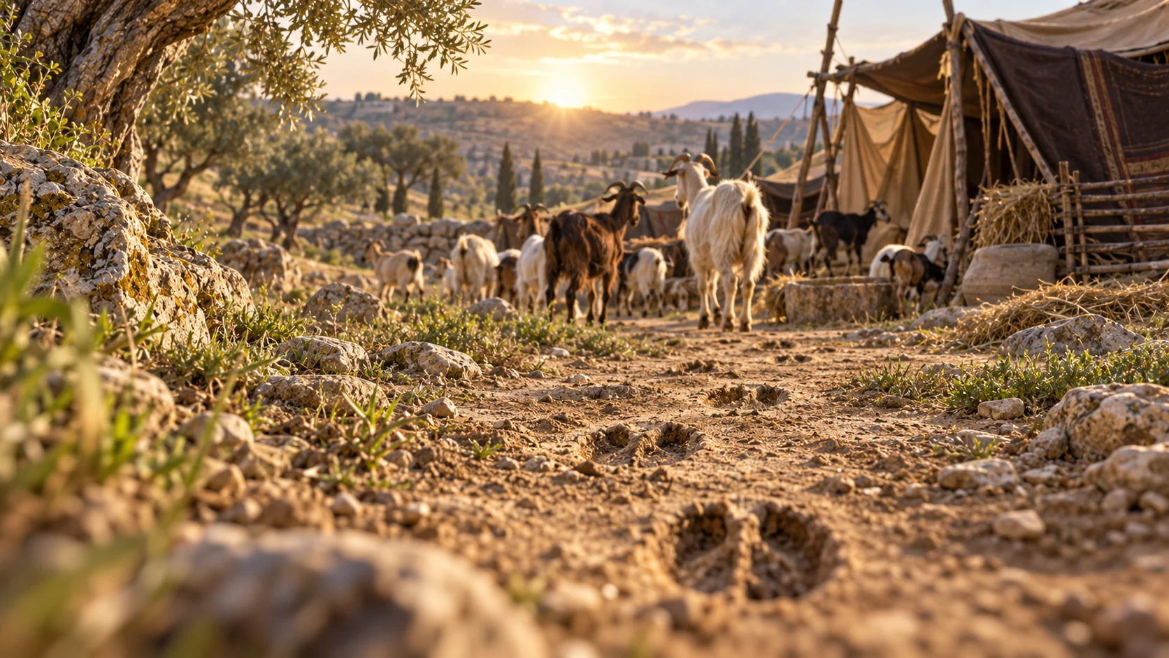 Close ground-level view of hoof tracks leading toward goats and shepherd tents.