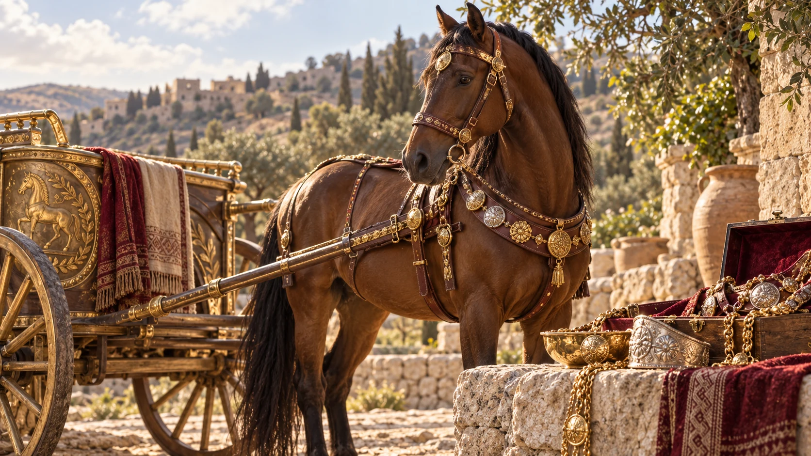 A mare with restrained ancient chariot harness beside gold and silver ornaments; poetic comparison, no woman transformed into animal.