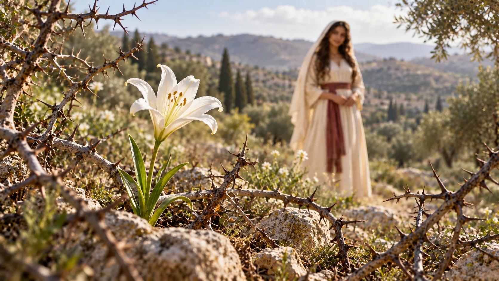 A bright valley flower isolated among thorn stems; the woman appears softly in the distance.