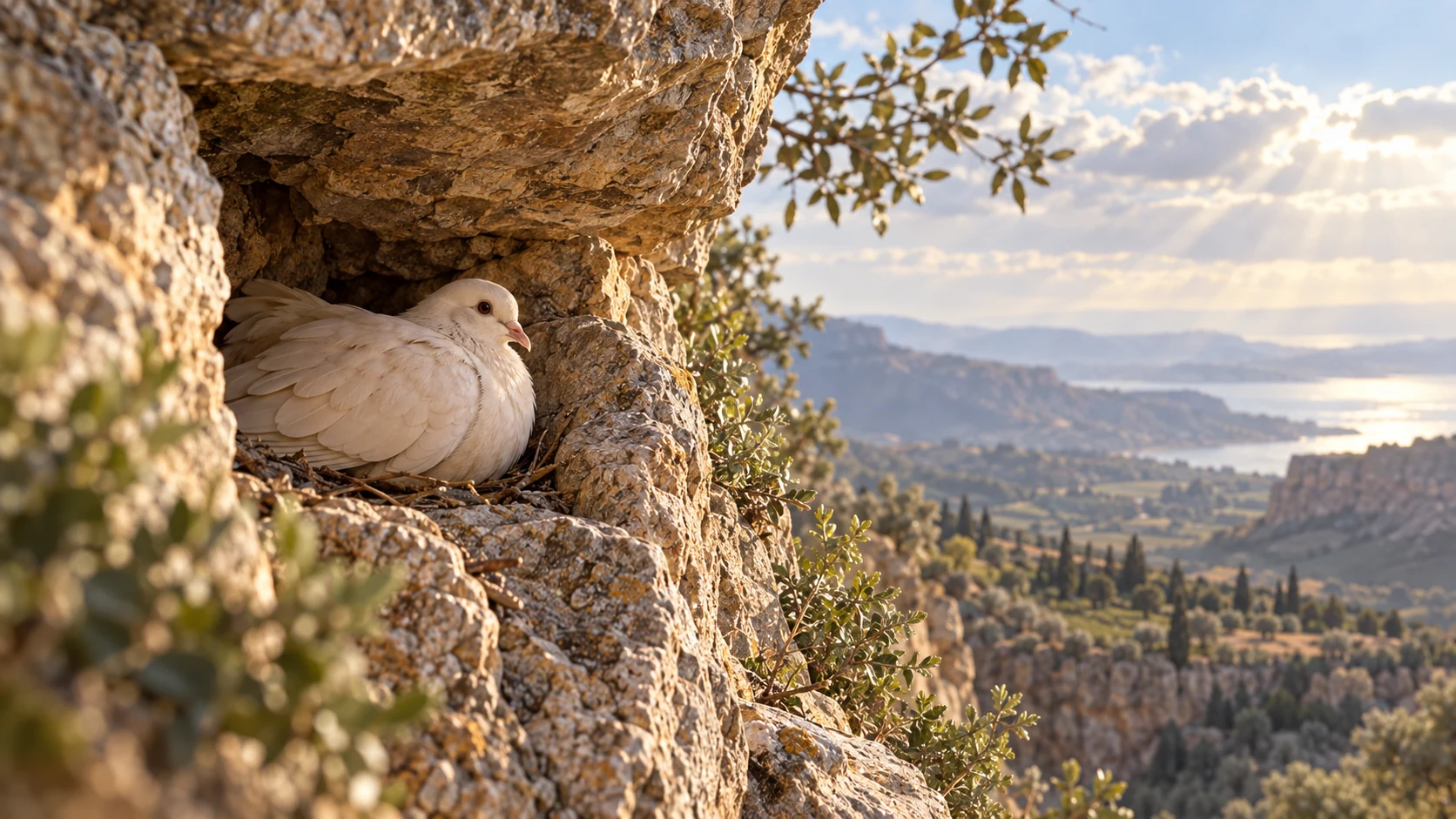 A dove sheltering in a high rock cleft with soft light and vast space beyond.