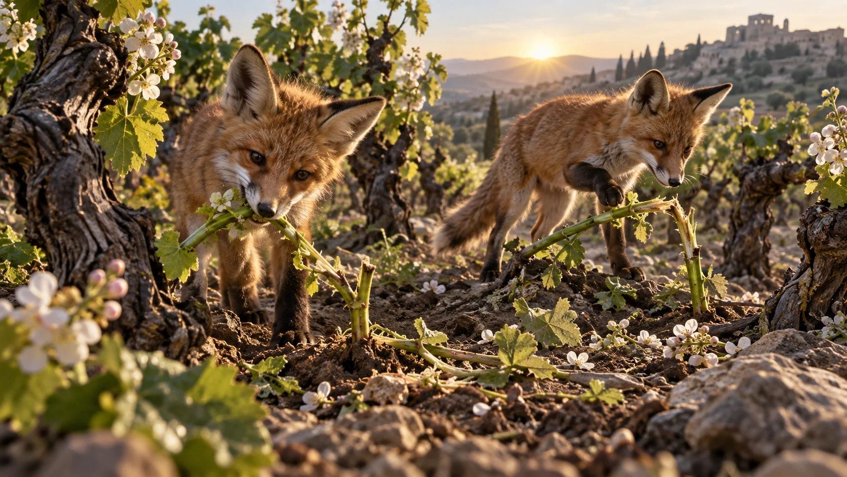 Small foxes among tender vineyard shoots, distinct close low viewpoint.