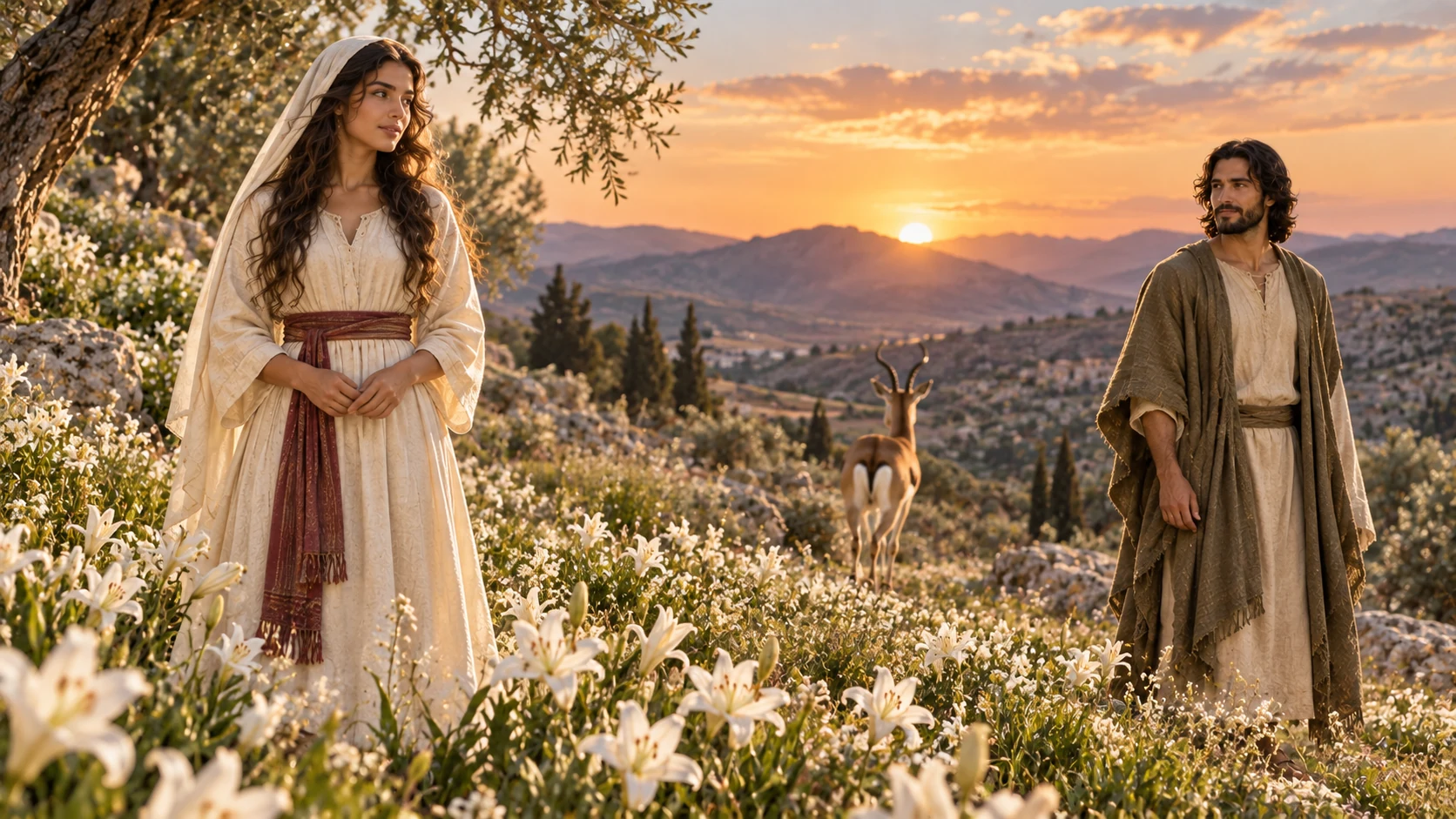 The lovers stand separately in a lily meadow while a gazelle moves toward distant dusk mountains.