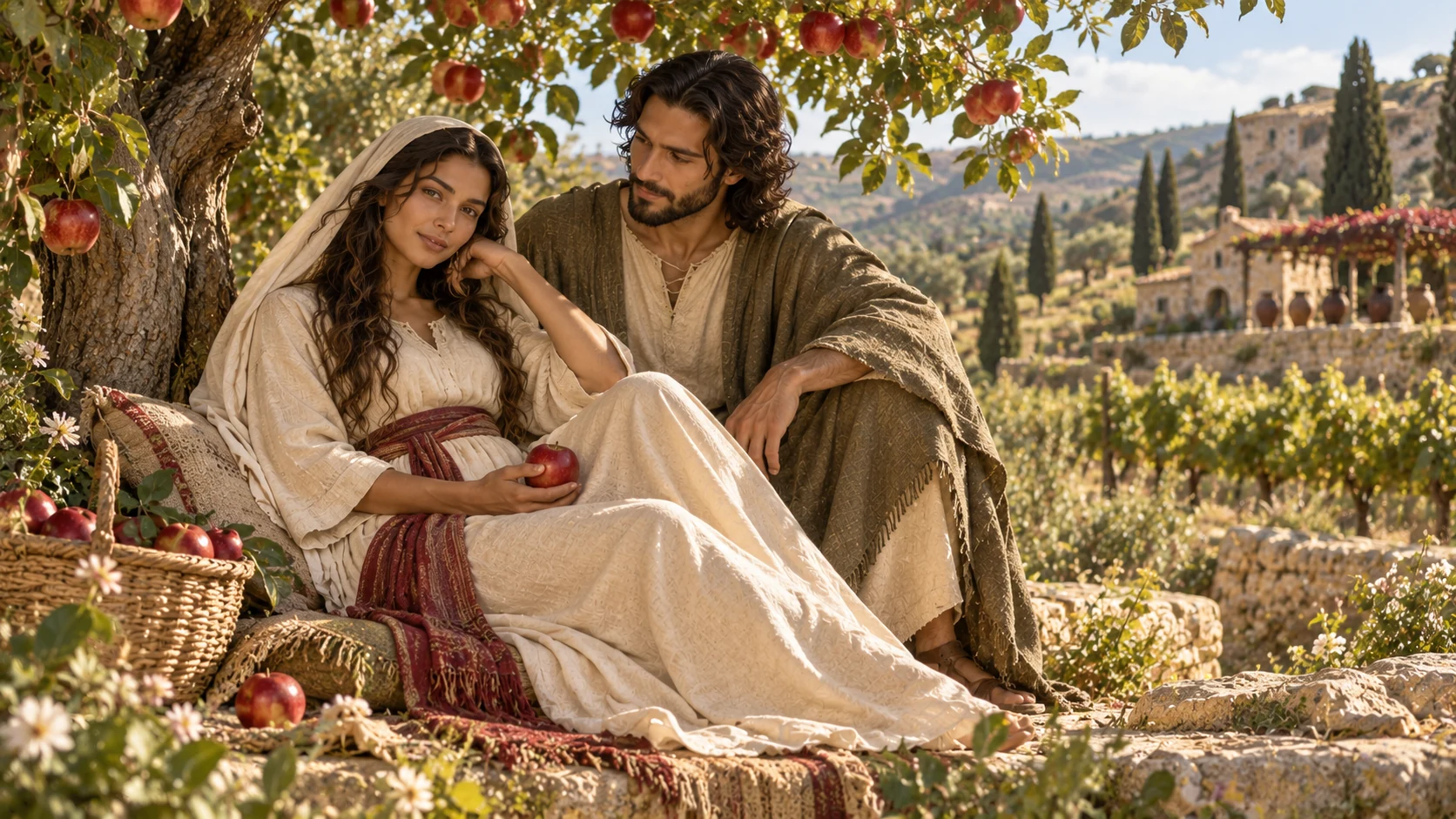 The adult woman rests in apple-tree shade with fruit and a distant house of wine, an unlettered cloth above.