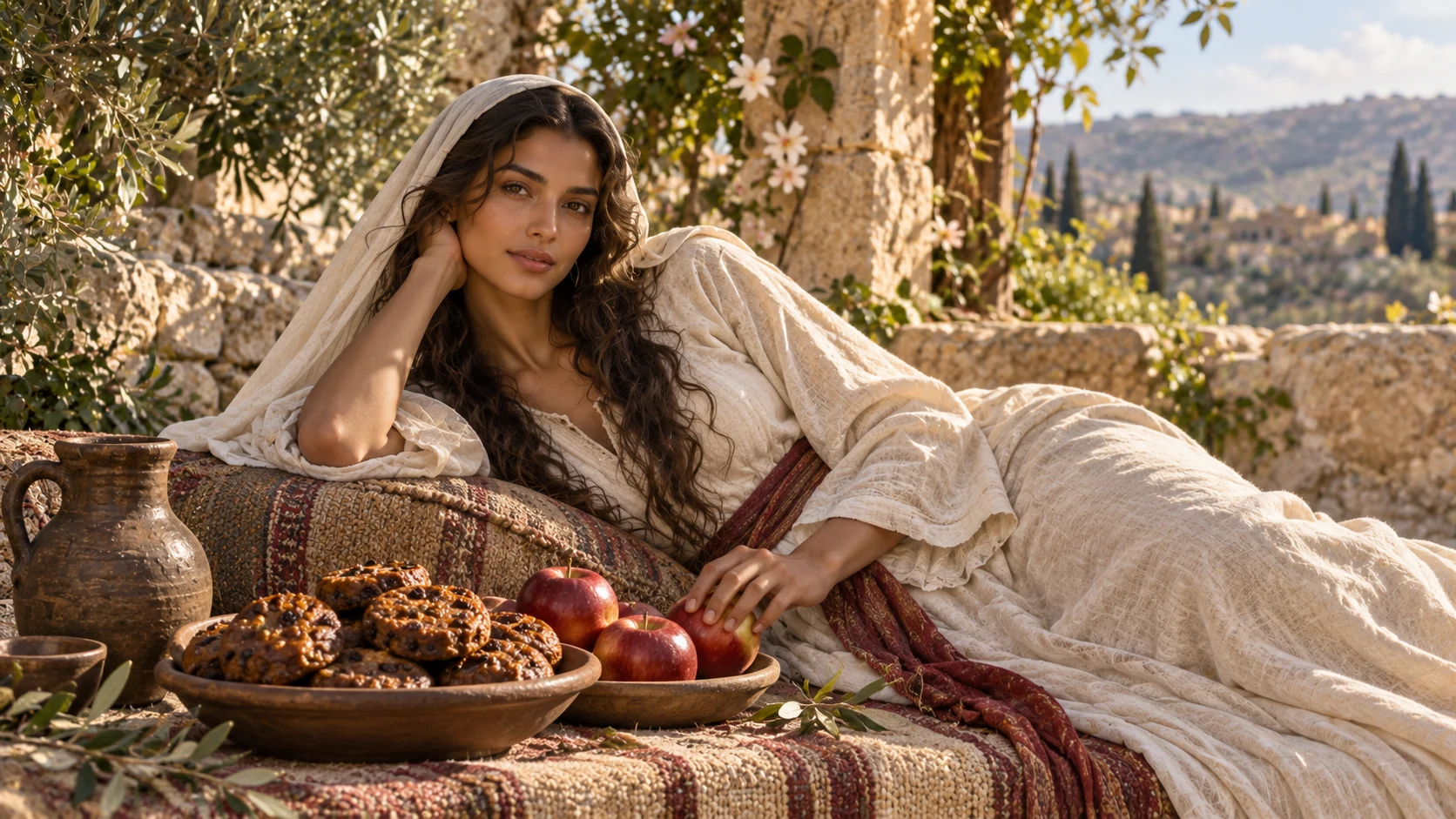 An intimate still life of raisin cakes and apples beside the woman's fully clothed resting form.