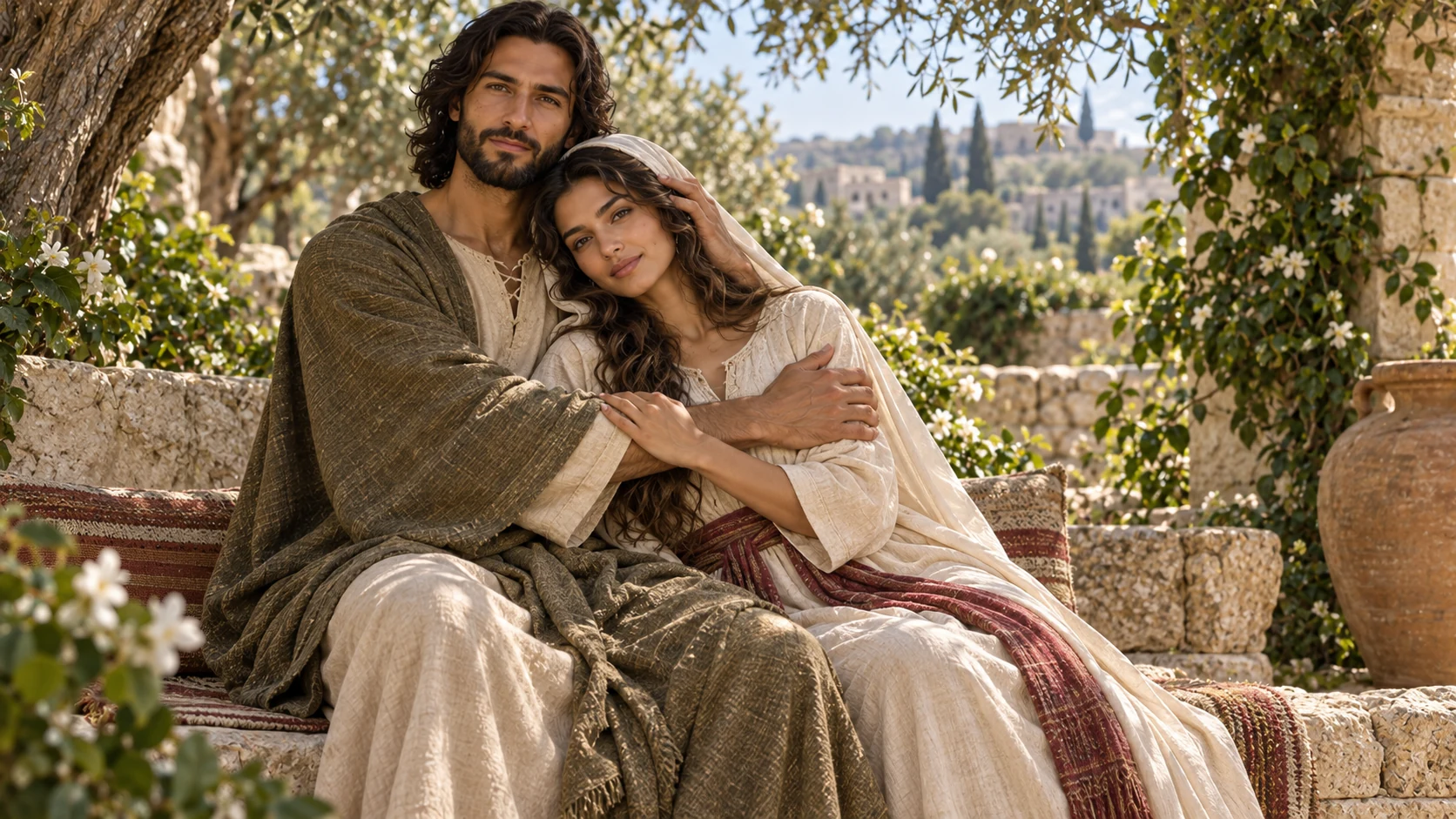 The seated adult man gently supports the fully clothed woman's head and shoulders in a dignified embrace.