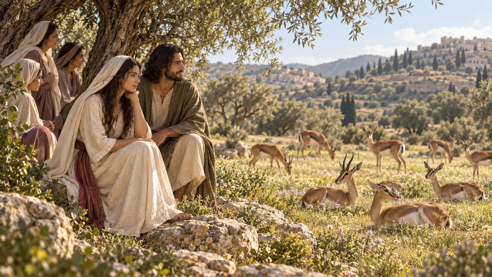 Gazelles and does at rest in an open field; women observe quietly from a shaded margin.