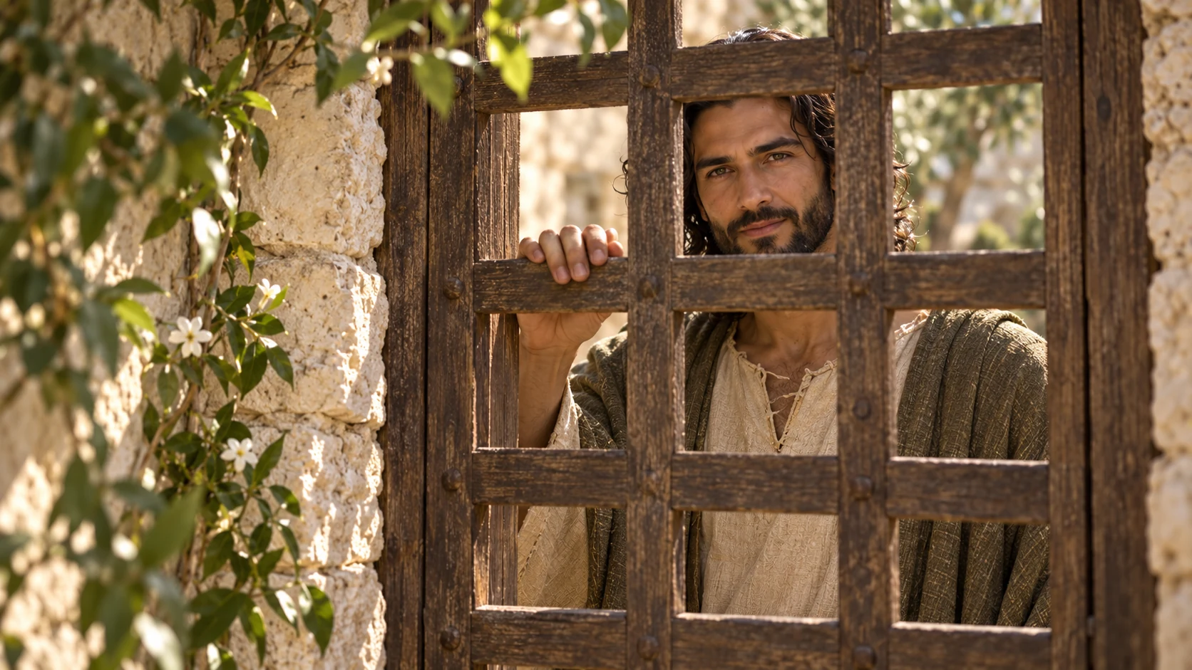 The male beloved seen through a wooden lattice outside a limestone wall.