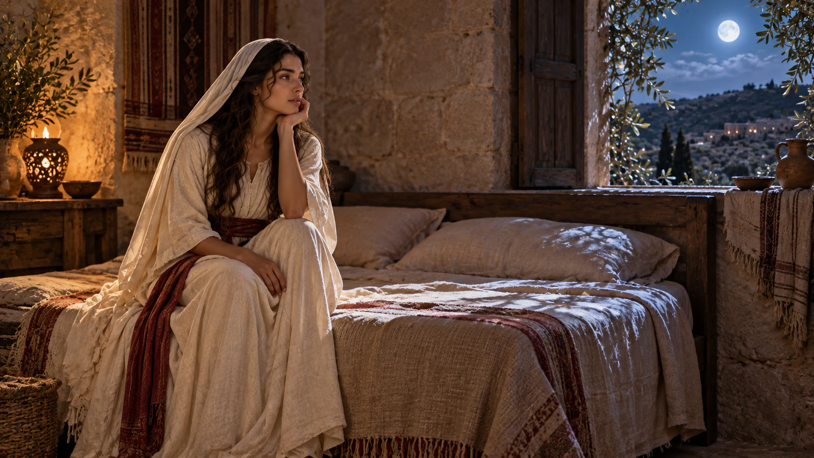 The fully clothed woman sits awake on a simple bed, the other resting space empty, moonlight on linen.