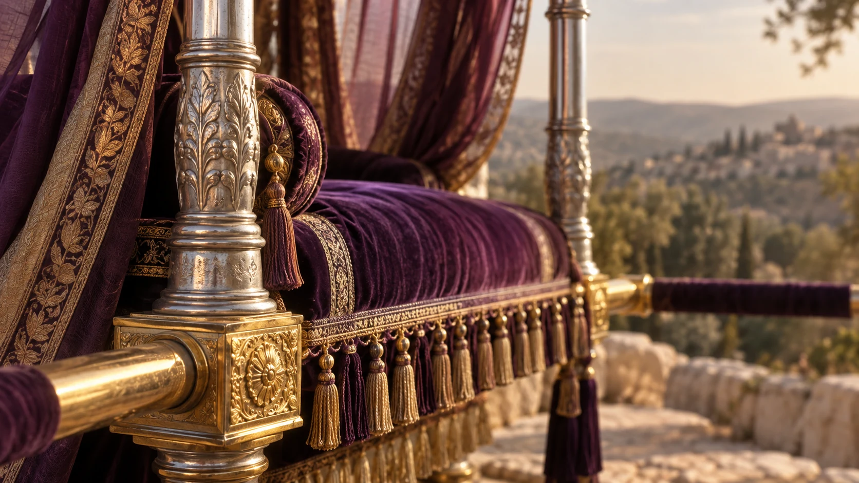 Close view of silver posts, gold support and purple seat fabric on the luxurious litter.