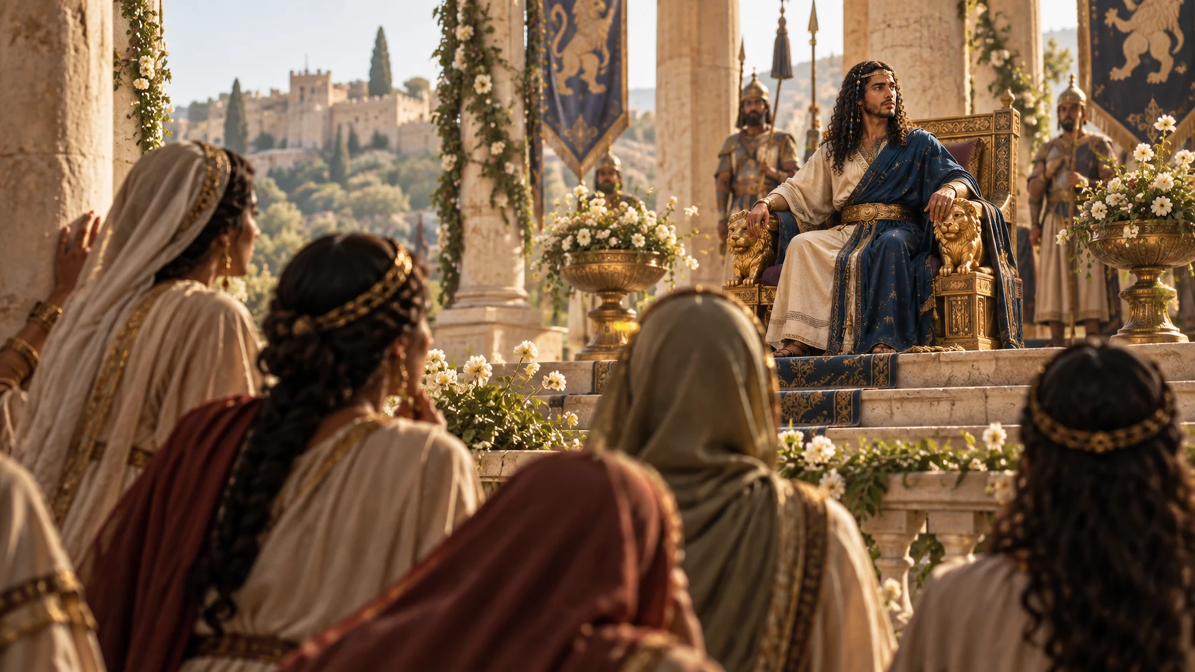 Distant crowned Solomon on a wedding-day royal seat observed by women of Zion, no identification of the female lover as his bride.