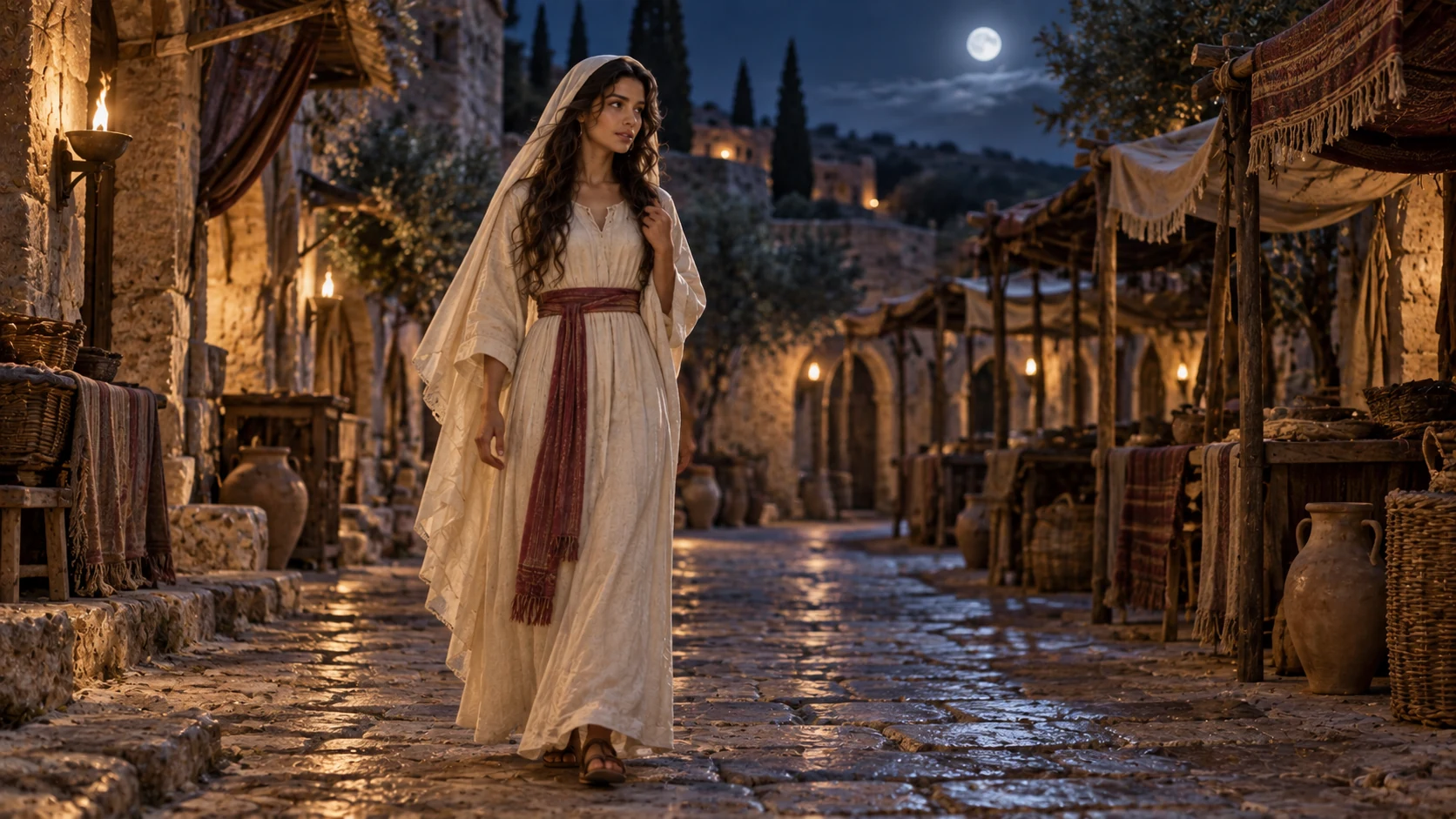 The woman walks alone through quiet night streets and an empty marketplace.