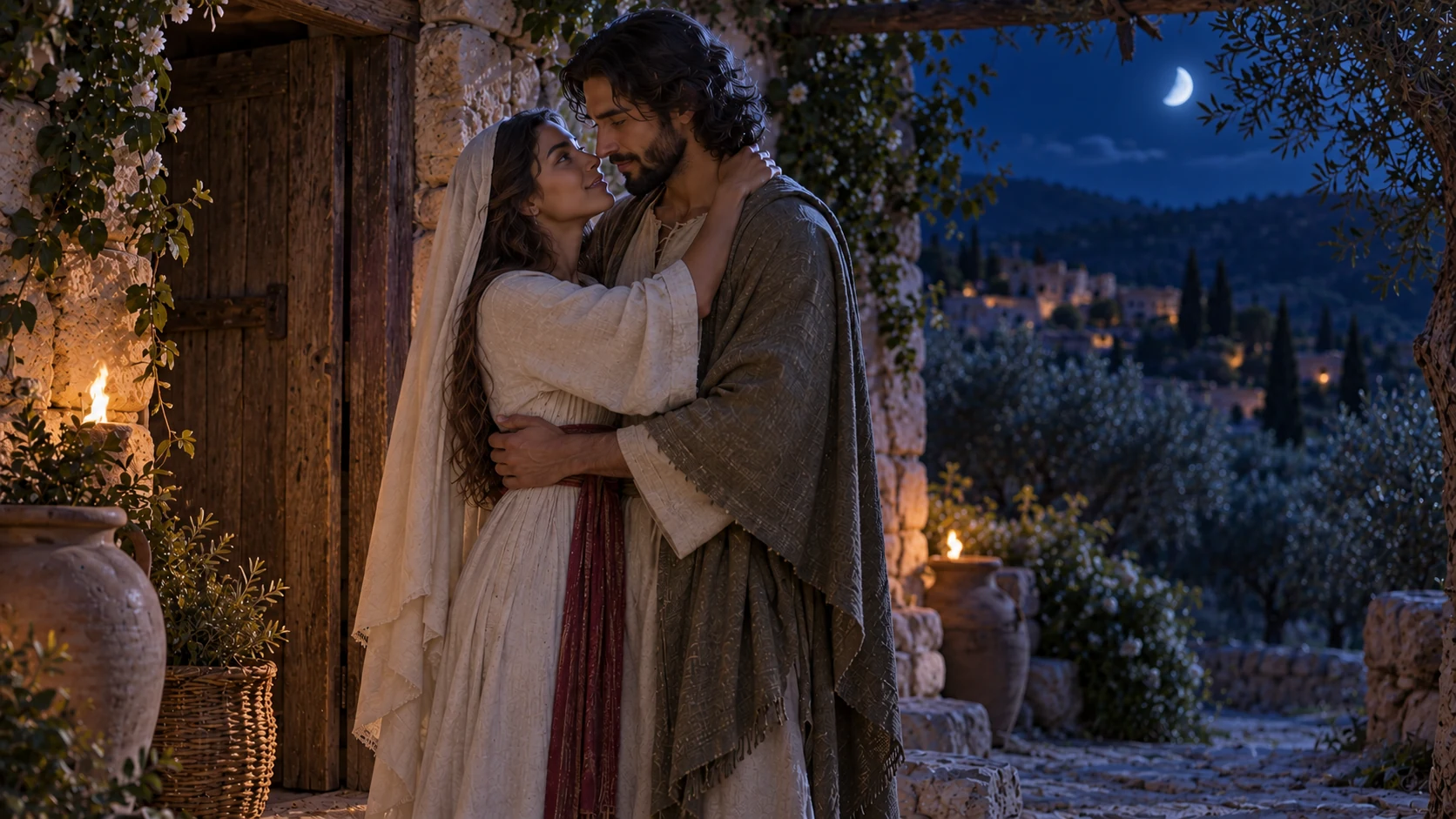 The adult woman embraces her beloved near a simple house entrance, no wedding or invented relatives.