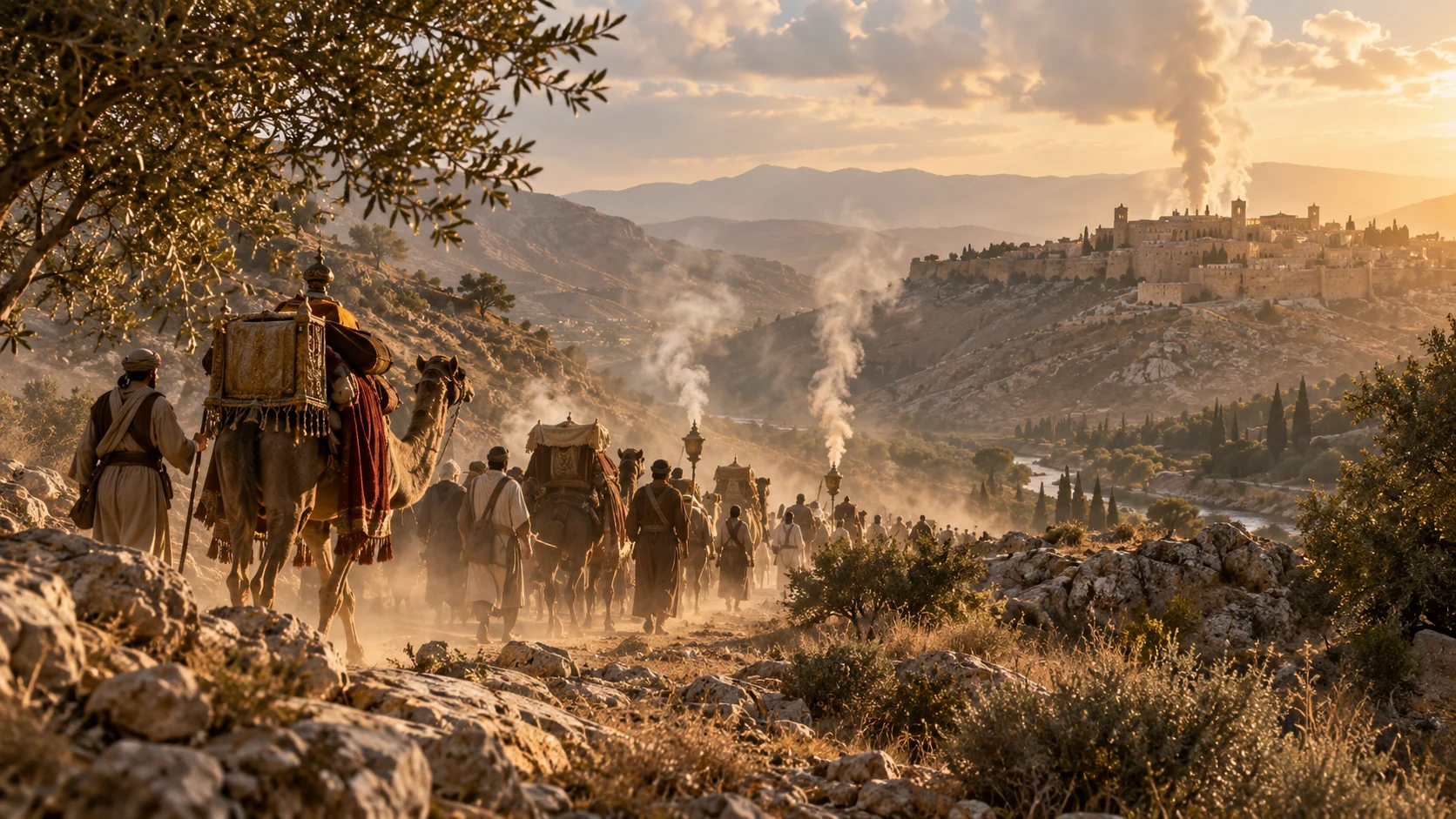 A distant procession rises through wilderness dust and incense-like columns of smoke.