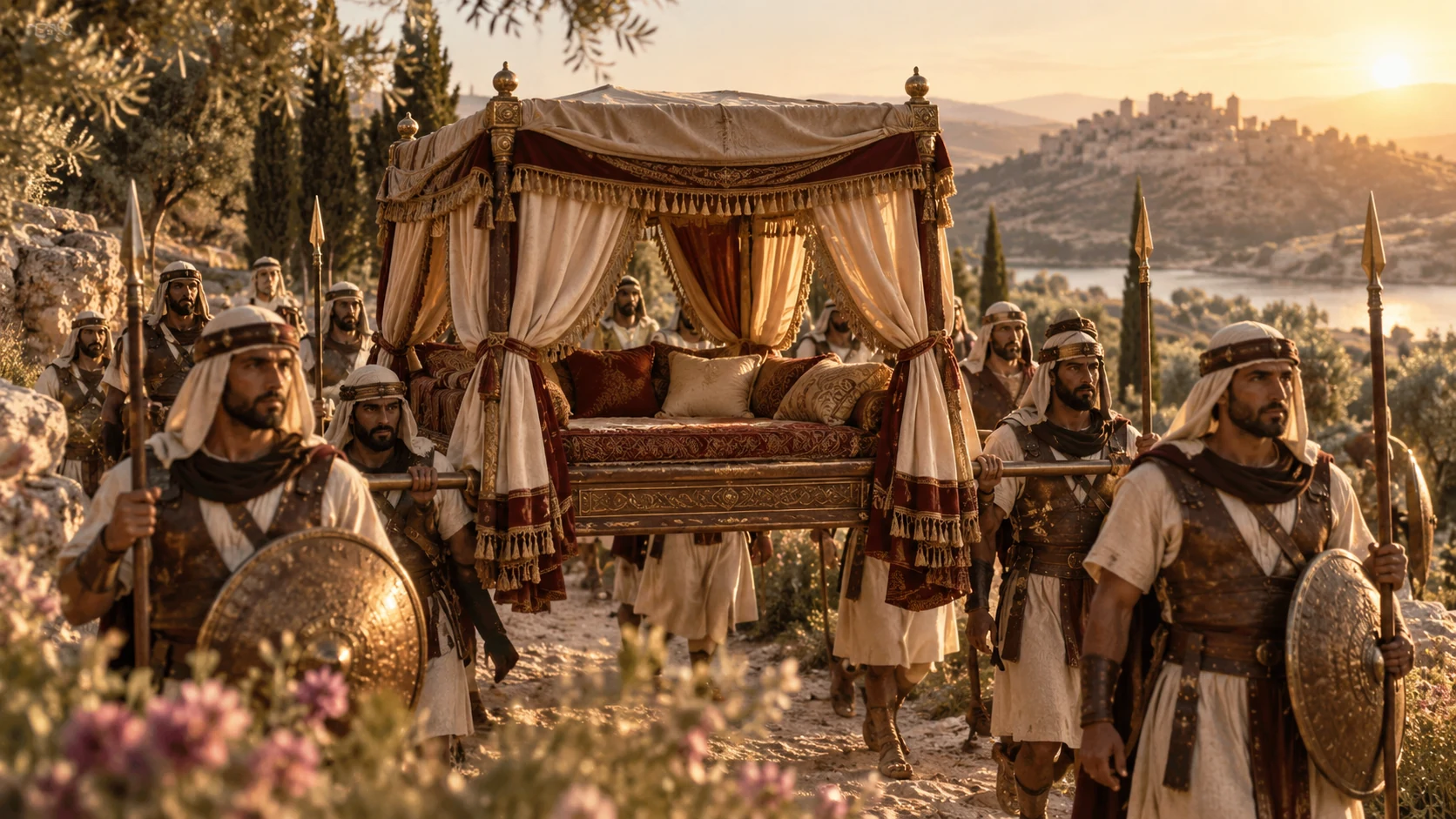 Wide royal litter encircled by numerous ancient Israelite guards; distinct poetic tableau separate from the lover.