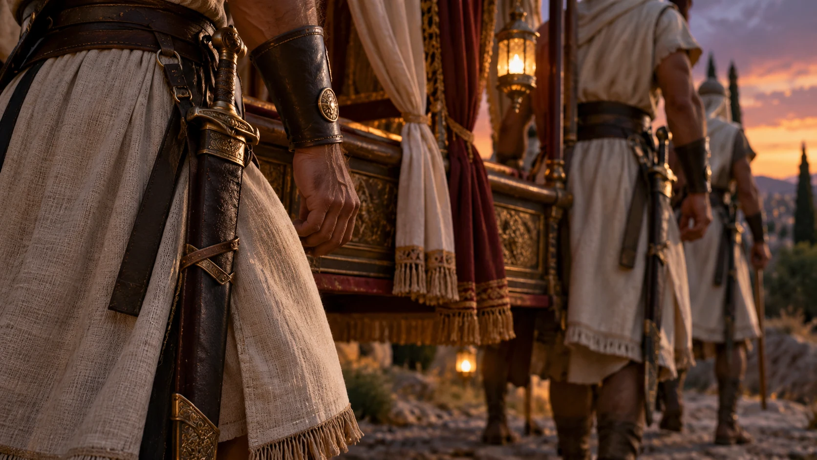 Close view of guard swords sheathed at thighs around the royal litter at twilight.