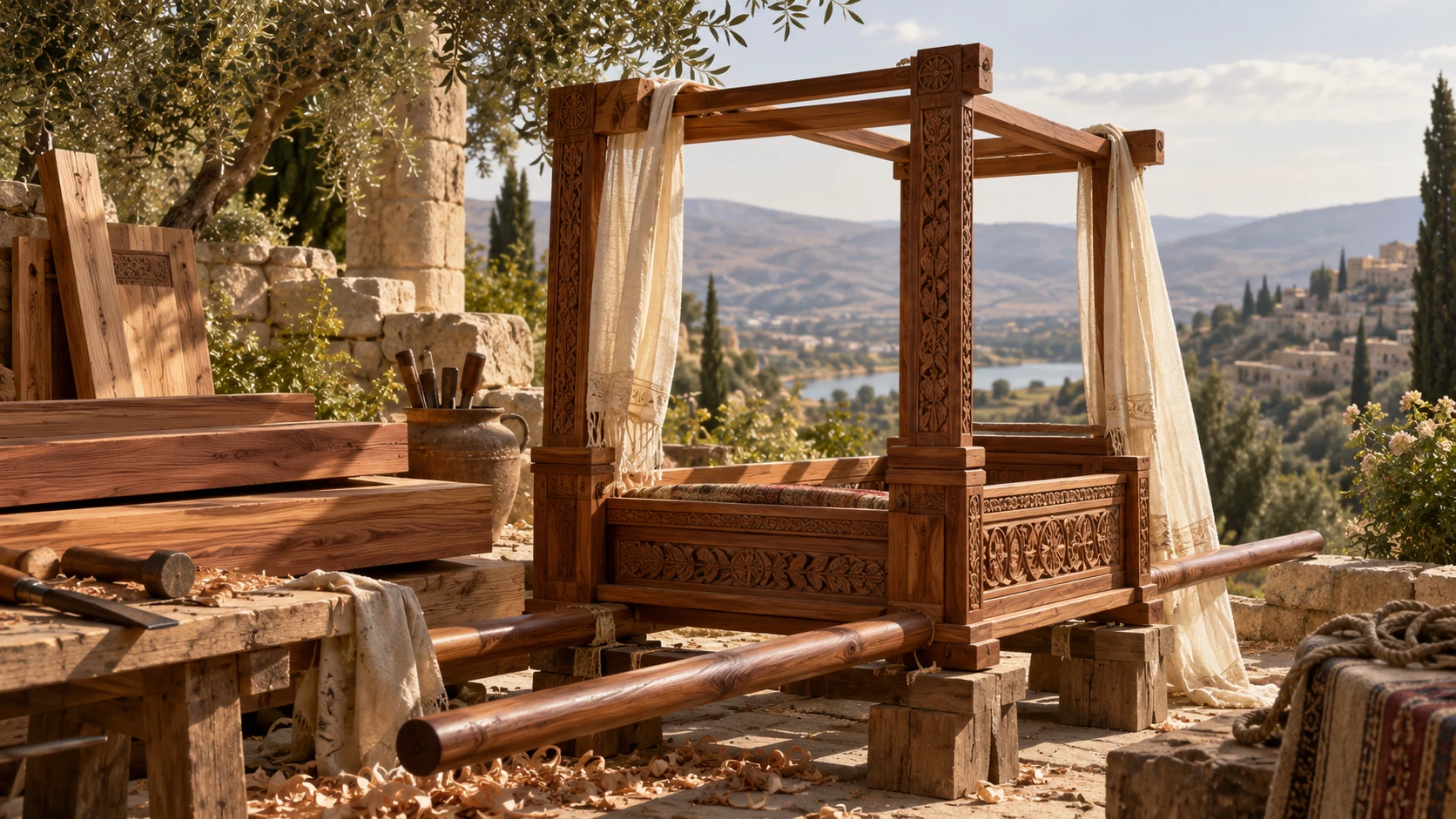 Fine cedar timber and a partially assembled luxurious carrying litter, craft image without invented dialogue.
