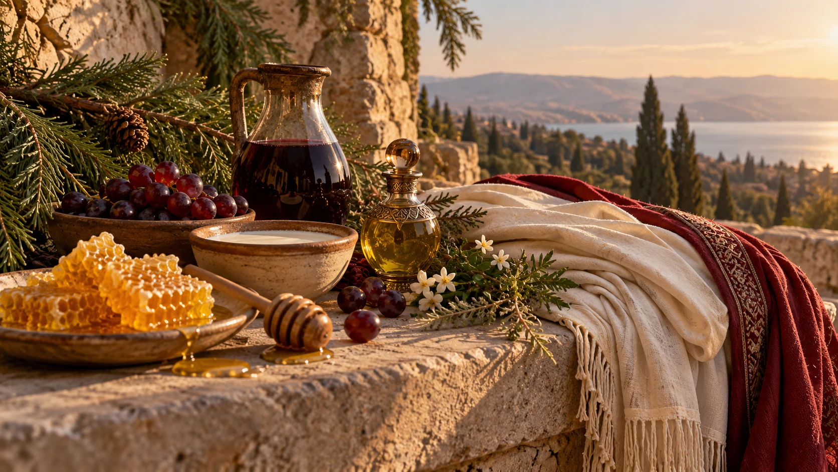 Honeycomb, milk, wine and aromatic oil beside fragrant folded garments and cedar boughs.
