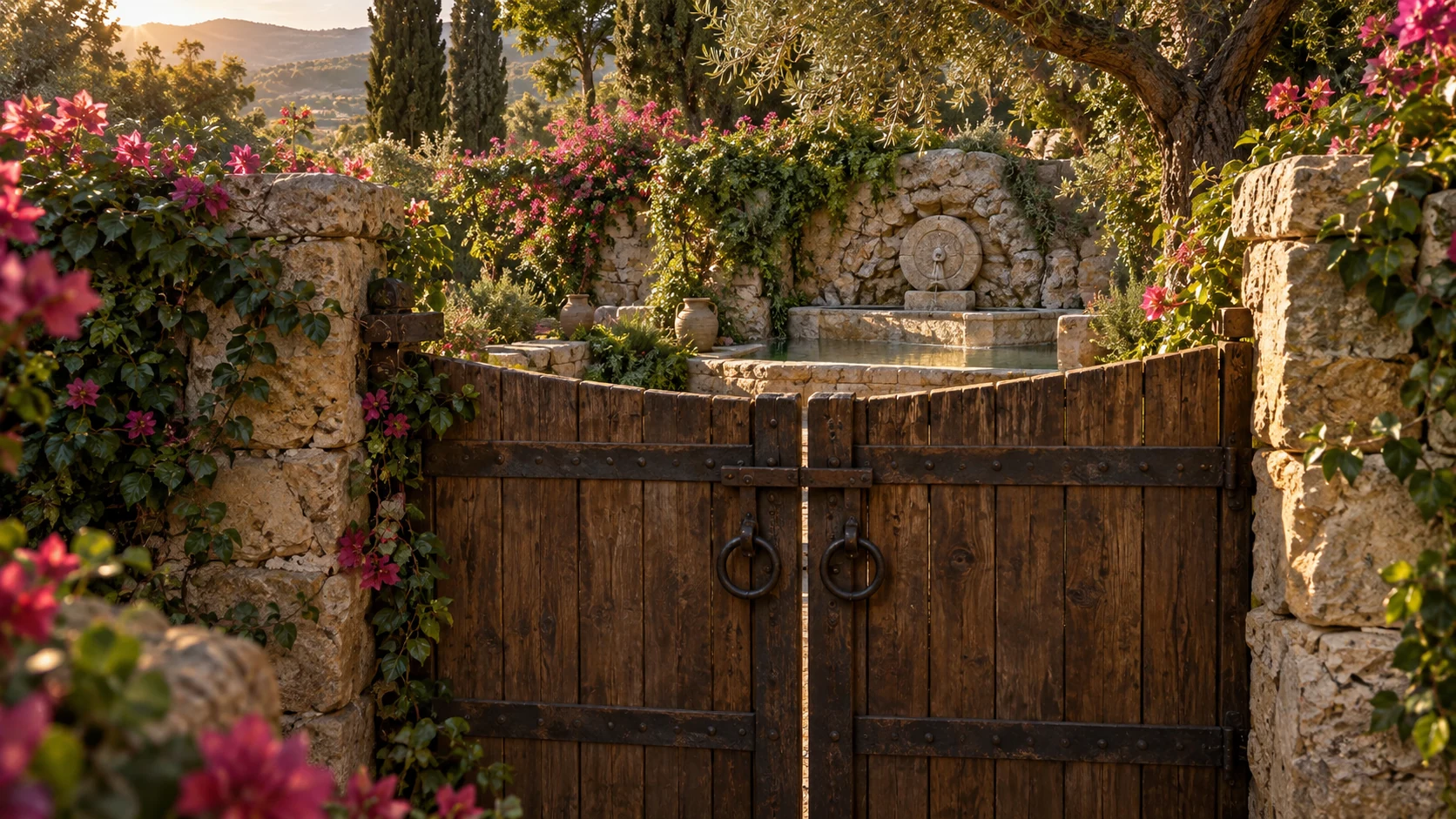 A closed garden gate protecting a spring and sealed stone fountain, luminous and inviting.