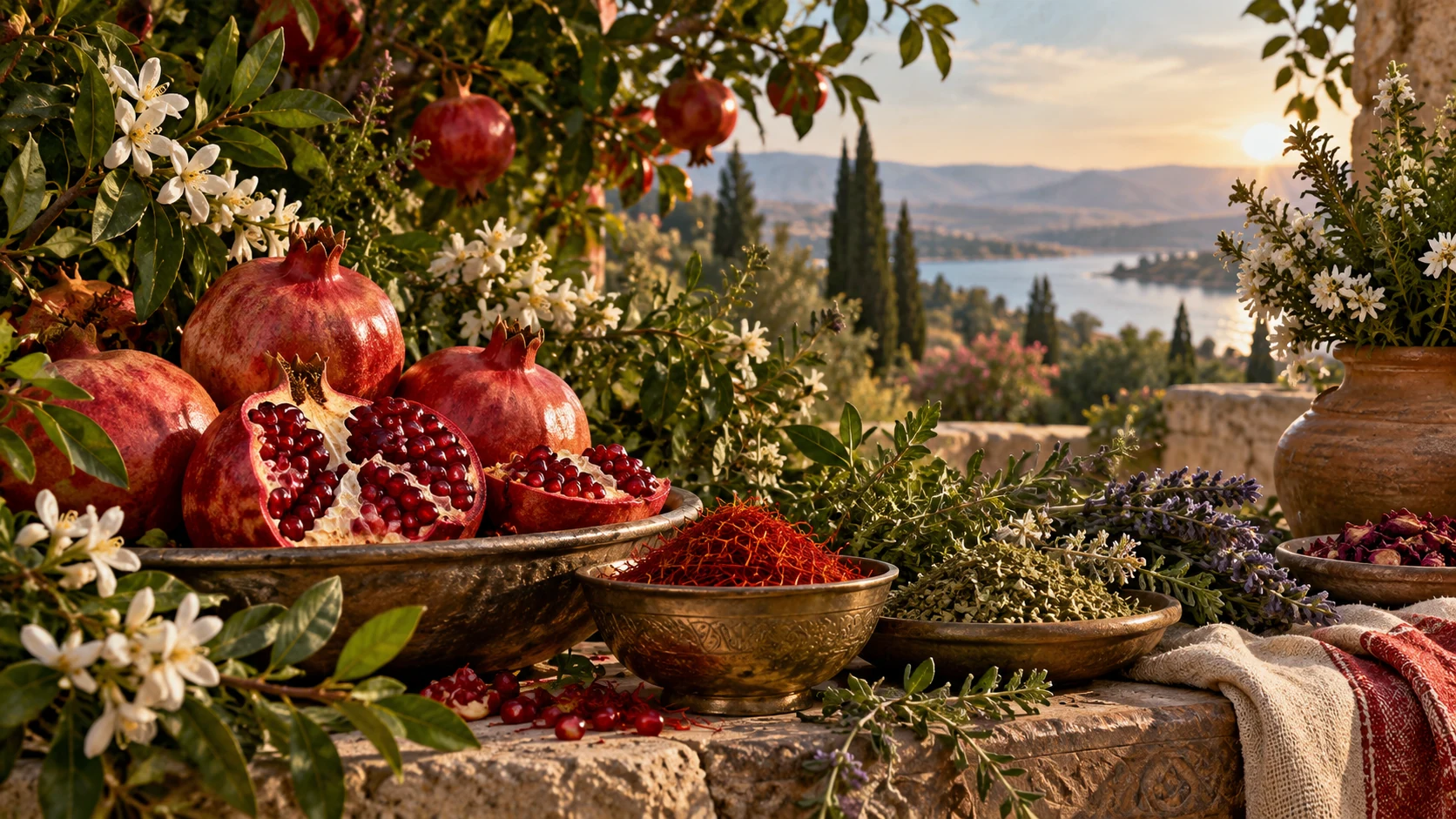 Pomegranates, henna, saffron and aromatic plants fill a richly textured garden still life.