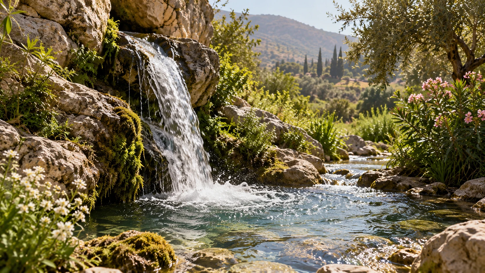 Clear running spring water flows from mountain rocks into a green garden.