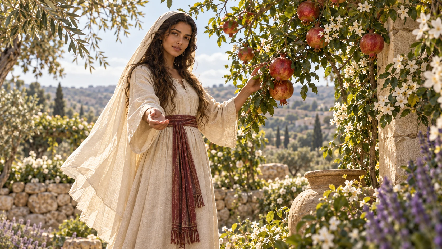 Wind moves fragrant garden stems as the woman opens her hands beside choice fruit; invitation, no invented consummation.